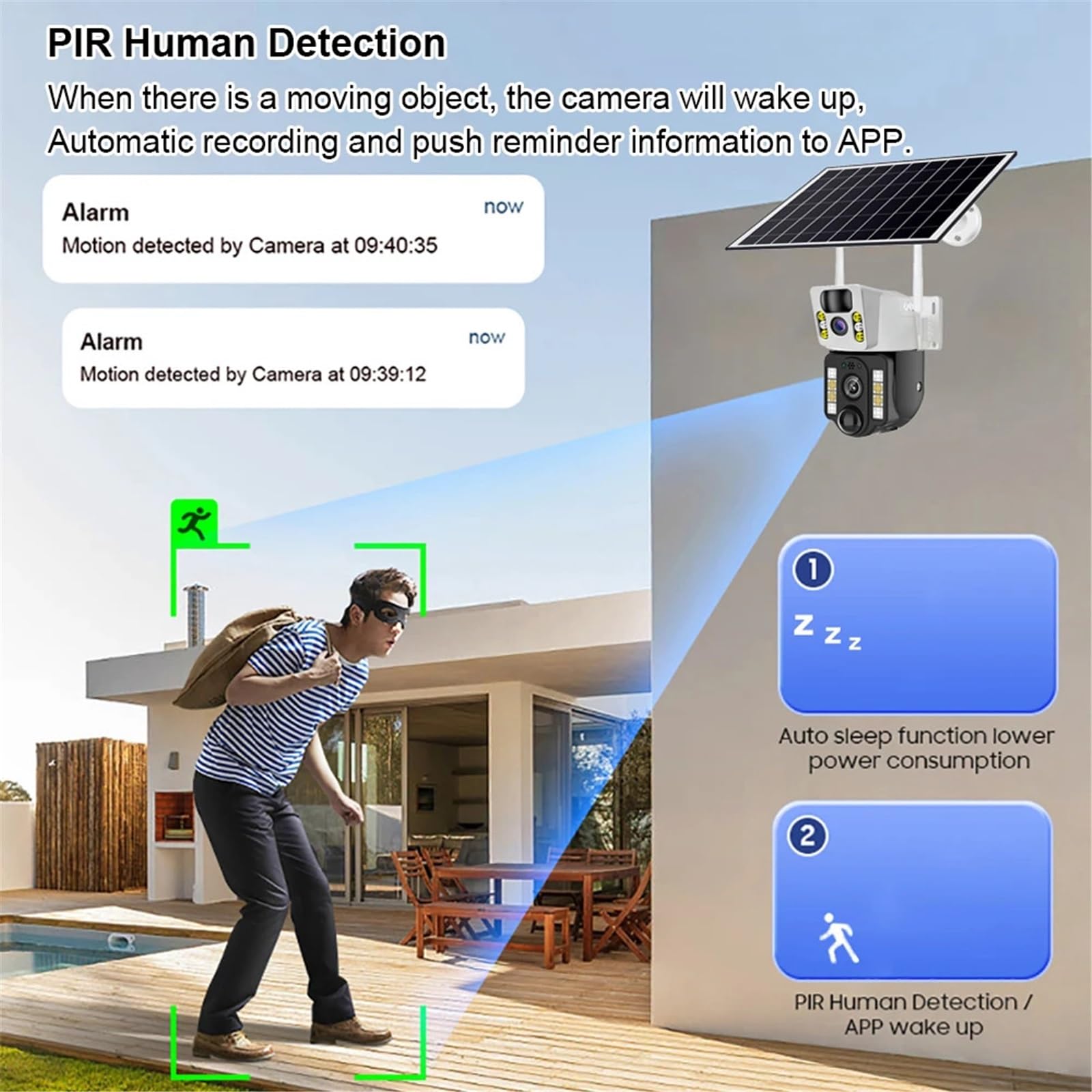 Kamera bezpieczeństwa, Kamera solarna IP CCTV Kamery do monitoringu WiFi/4G Zewnętrzny monitor bateryjny Inteligentny dom PIR Wykrywanie humanoidalnych obiektów Ochrona bezpieczeństwa(4G Cam 64G Card)