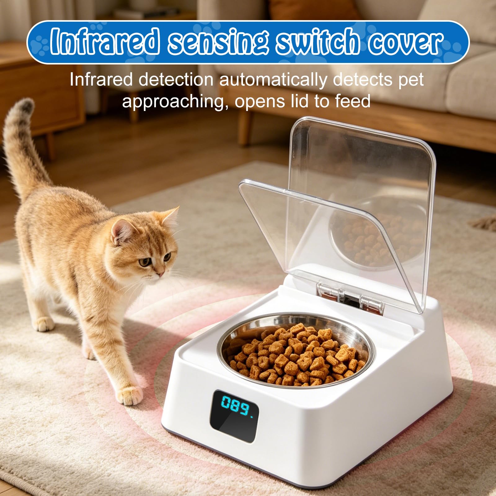 Gamelle intelligente - 350 ml - 210 x 170 x 92 mm - Distributeur automatique de nourriture humide pour chat - Avec couvercle - Induction infrarouge pour la maison et les animaux - Noir et blanc