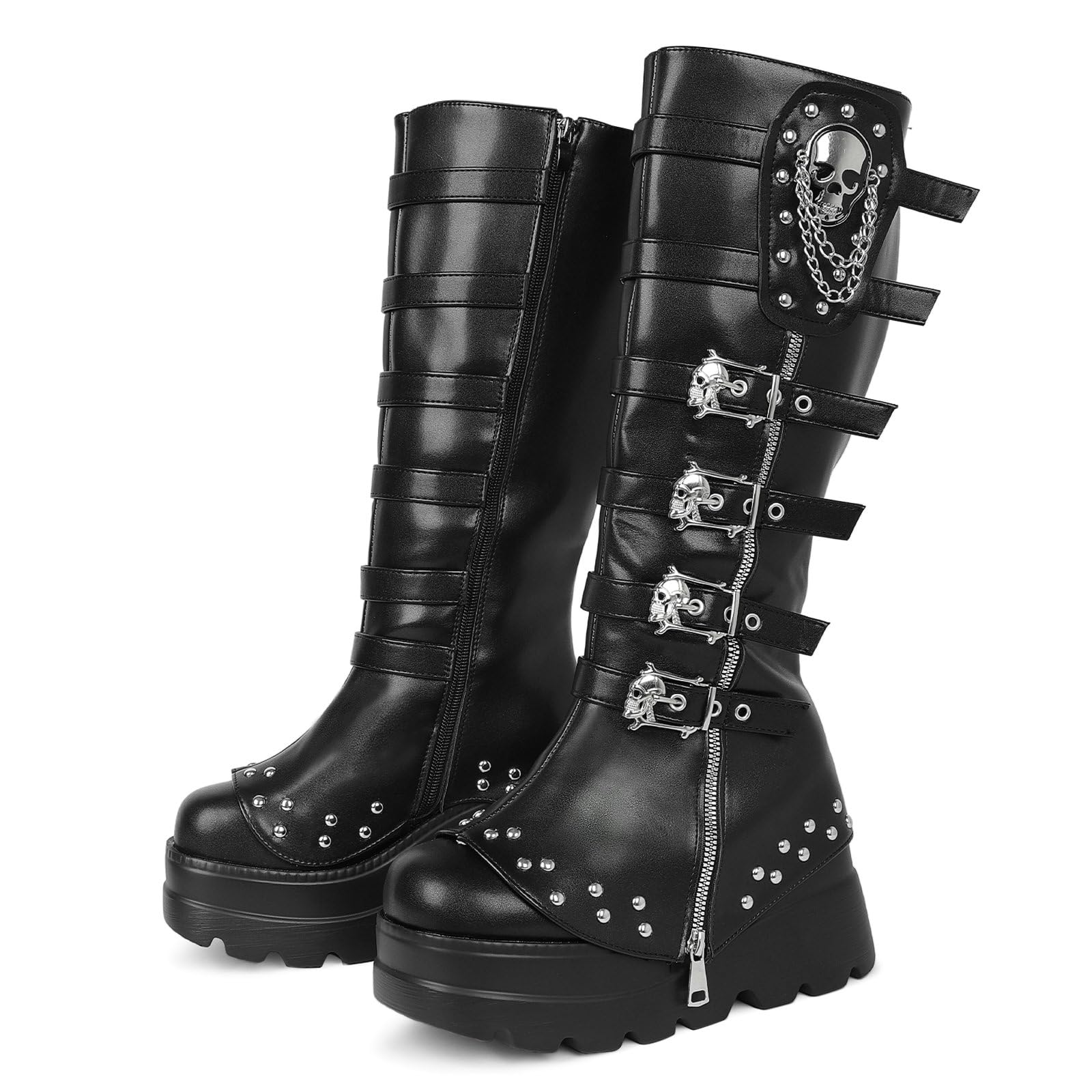 Parisuit Womens Knee High Platform Wedge Boots Goth Punk Buckle Combat Boots Fold Over Grunge Long Boot