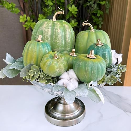 Vista 8 de Winlyn 7 calabazas artificiales verdes surtidas, calabazas de cosecha de color verde oscuro, calabazas decorativas de espuma para granja, otoño
