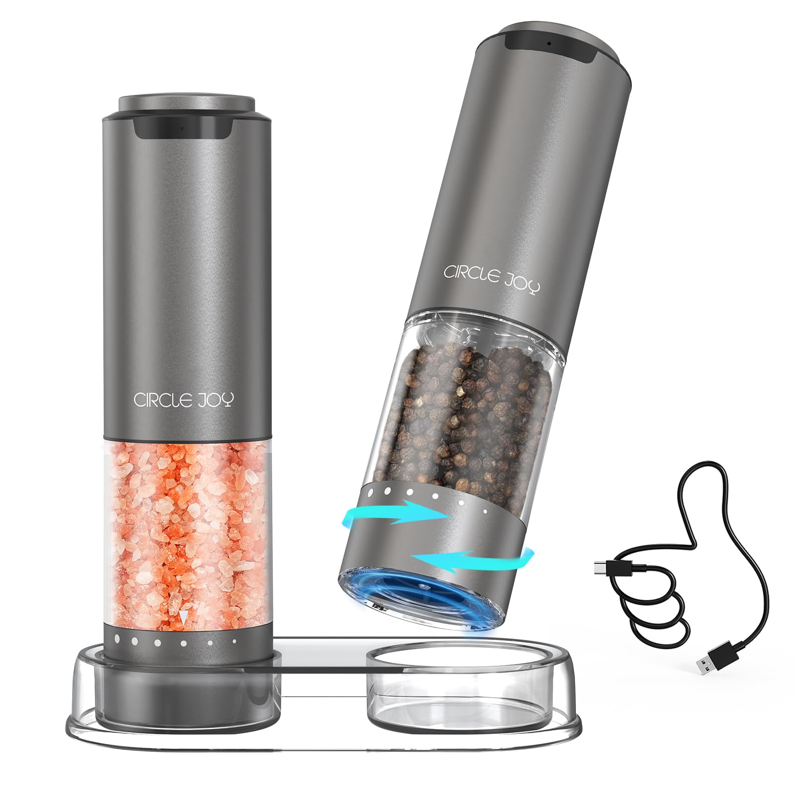 CIRCLE JOY Rechargeable Electric Salt and Pepper Grinder Set with Base, Aluminum Alloy Pepper Mills with 95ml Container, White LED Light and External Adjustable Coarseness, Space Grey