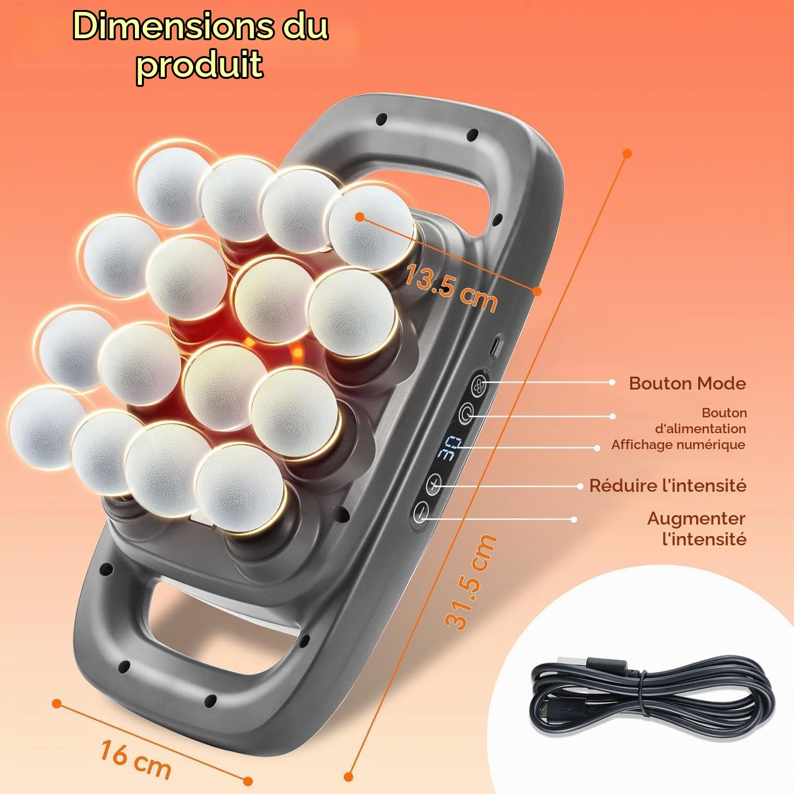 Pistolet de Massage Profond 16 têtes, 30 vitesses silencieux | Pistolet de Massage Musculaire, Masseur Dorsal Portable Anti-Douleur, Pistolet Percussion pour Cou, Épaules et Jambes