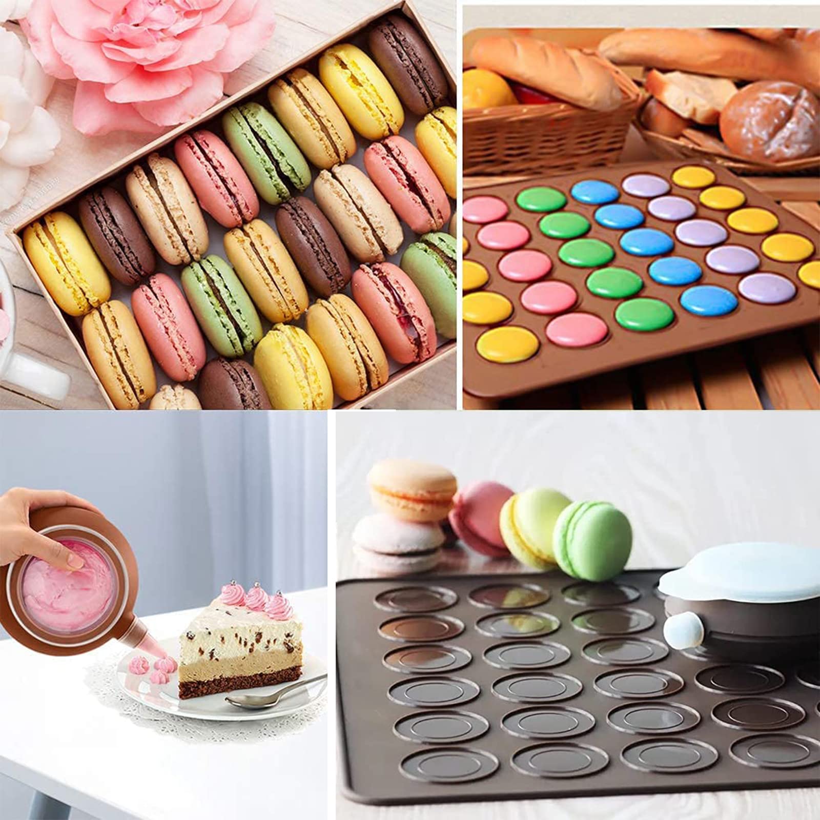 Kit di cottura per macaron, stampi e tappetino in silicone, 48 fori, penna decorativa, marrone, padella rustica per macaron