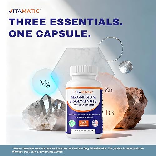 Miniatura 4 de Vitamatic Magnesium (from Bisglycinate & Oxide) with Vitamin D3 & Zinc - 120 Veg Capsules - Supports Muscle, Joint, Nerve & Heart Health – Non-GMO,