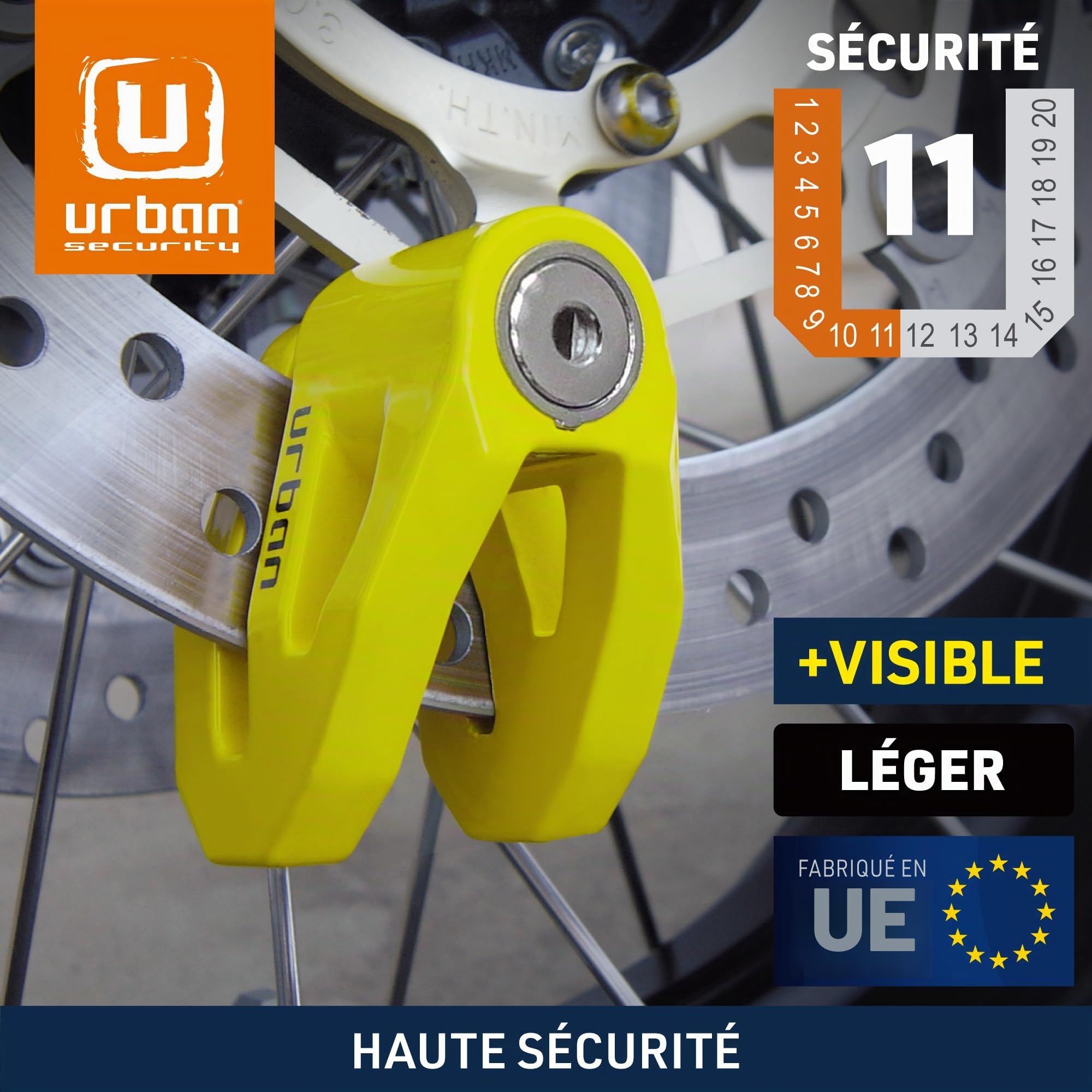 URBAN UR208Y Antivol Bloque Disque Moto, Plus Visible Plus Dissuasif, ø10mm Design Léger et Robuste, Sécurité Compacte et Efficace, Bloc Disque Frein pour Moto, Scooter, Velo, Trottinette Electrique
