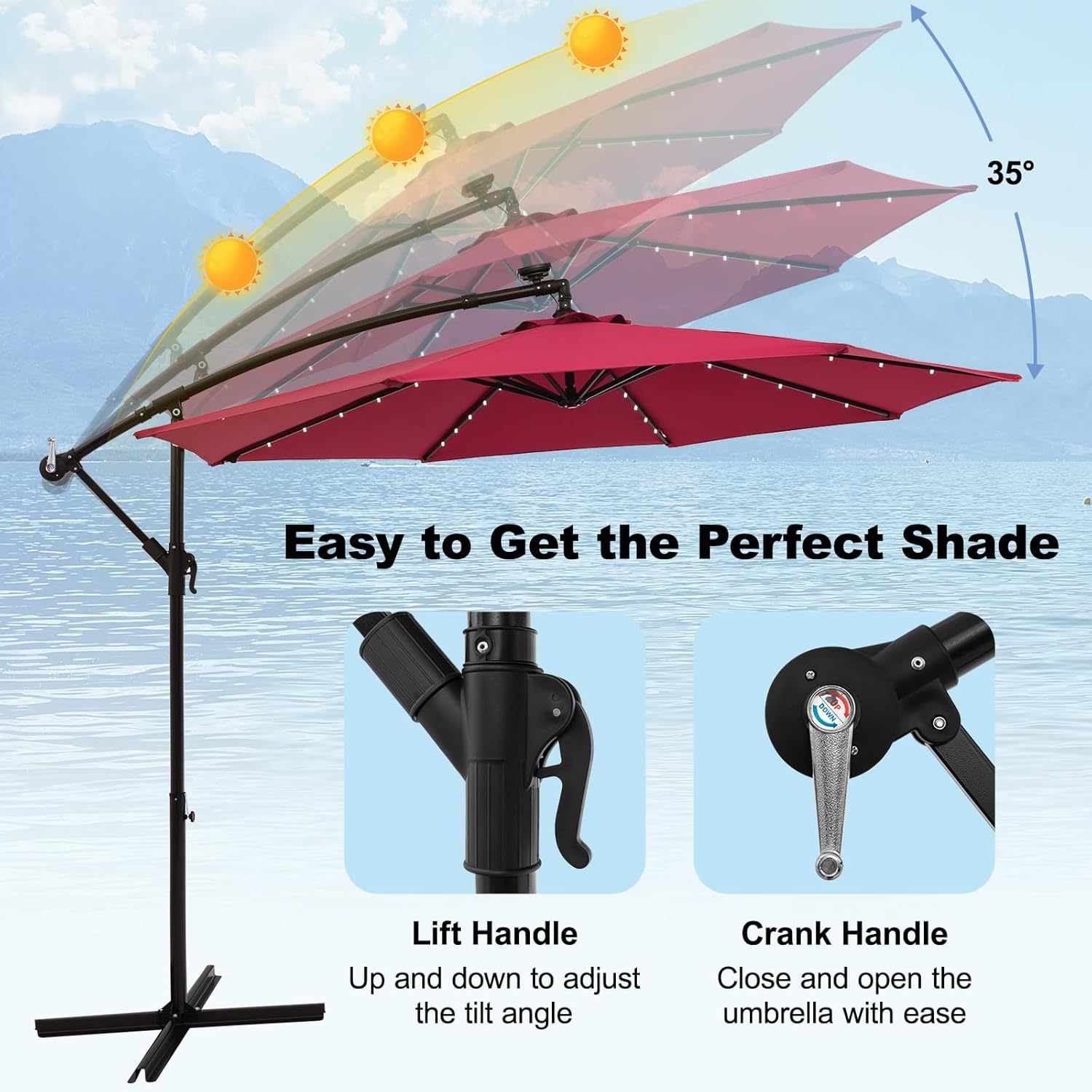 10 ft Offset Umbrella, Cantilever Patio Umbrella with 40 LED Solar Lights, 360 Rotation Solar Patio Umbrella for Outdoor, Garden & Poolside