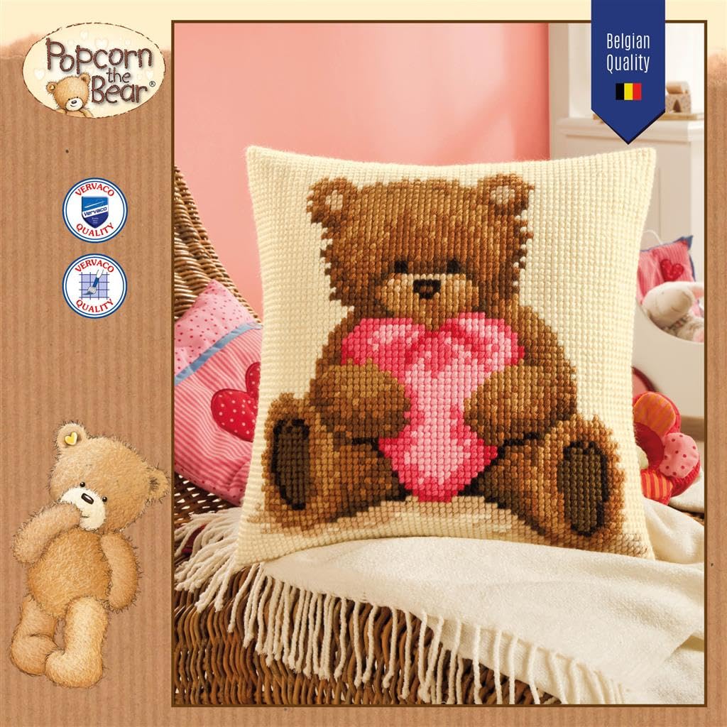 Vervaco Kreuzstich Stickpackungen Kissen Stickerei Set Anfänger Vorgedruckt Popcorn Ich Liebe Dich DIY Set Kreativ Set Für Erwachseneca. 40 x 40 cm Bastelset Handwerker Haus Dekoration