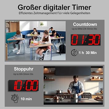 CHKOSDA Automatic Digital Wall Clock LED Wall Clock with Large Display Multifunction Clock with Alarm and Timer Automatic Time Sync Digital Clock with Adjustable Brightness (Red)
