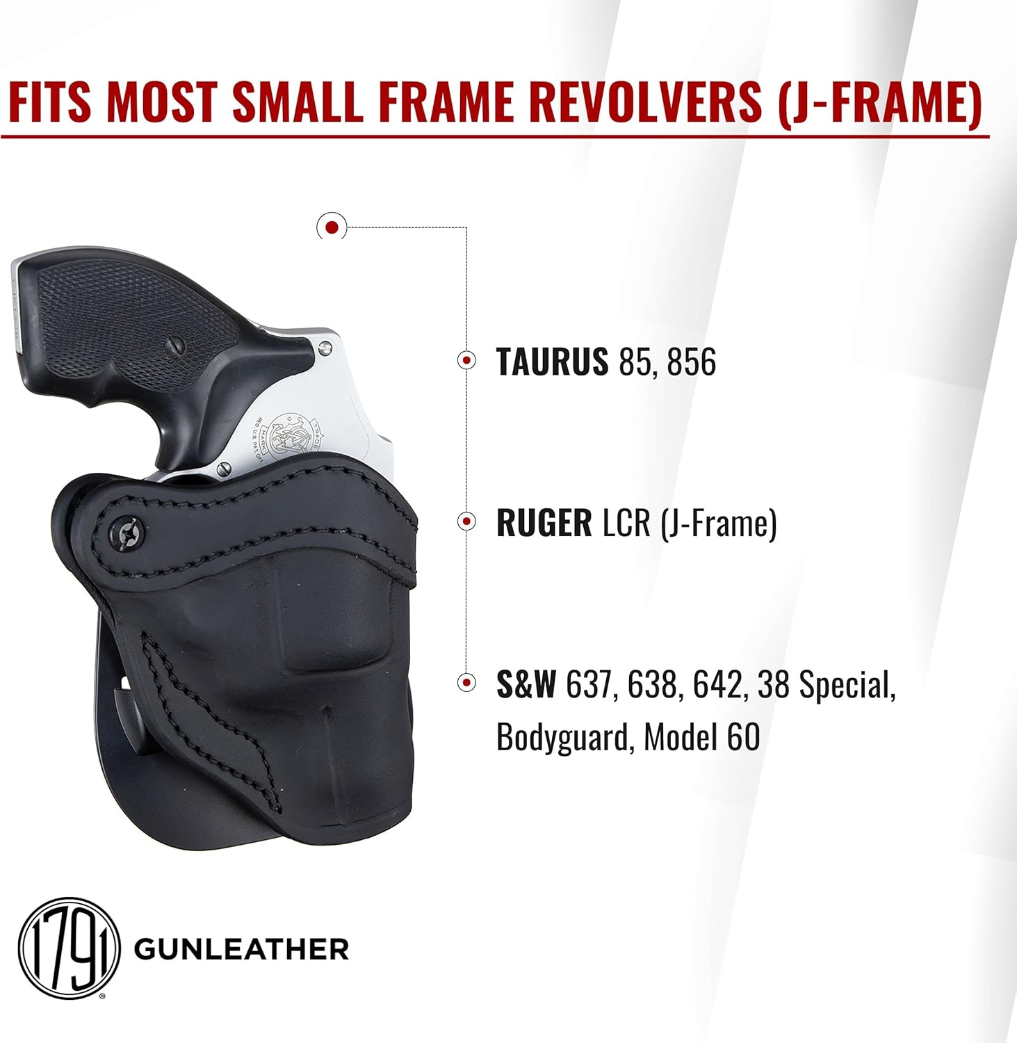 1791 GUNLEATHER J-Frame Revolver Paddle Holster - OWB CCW Leather Gun Holster for Belts - Right Handed - Fits All J-Frame Revolvers Including S&W and Ruger LCR not Taurus