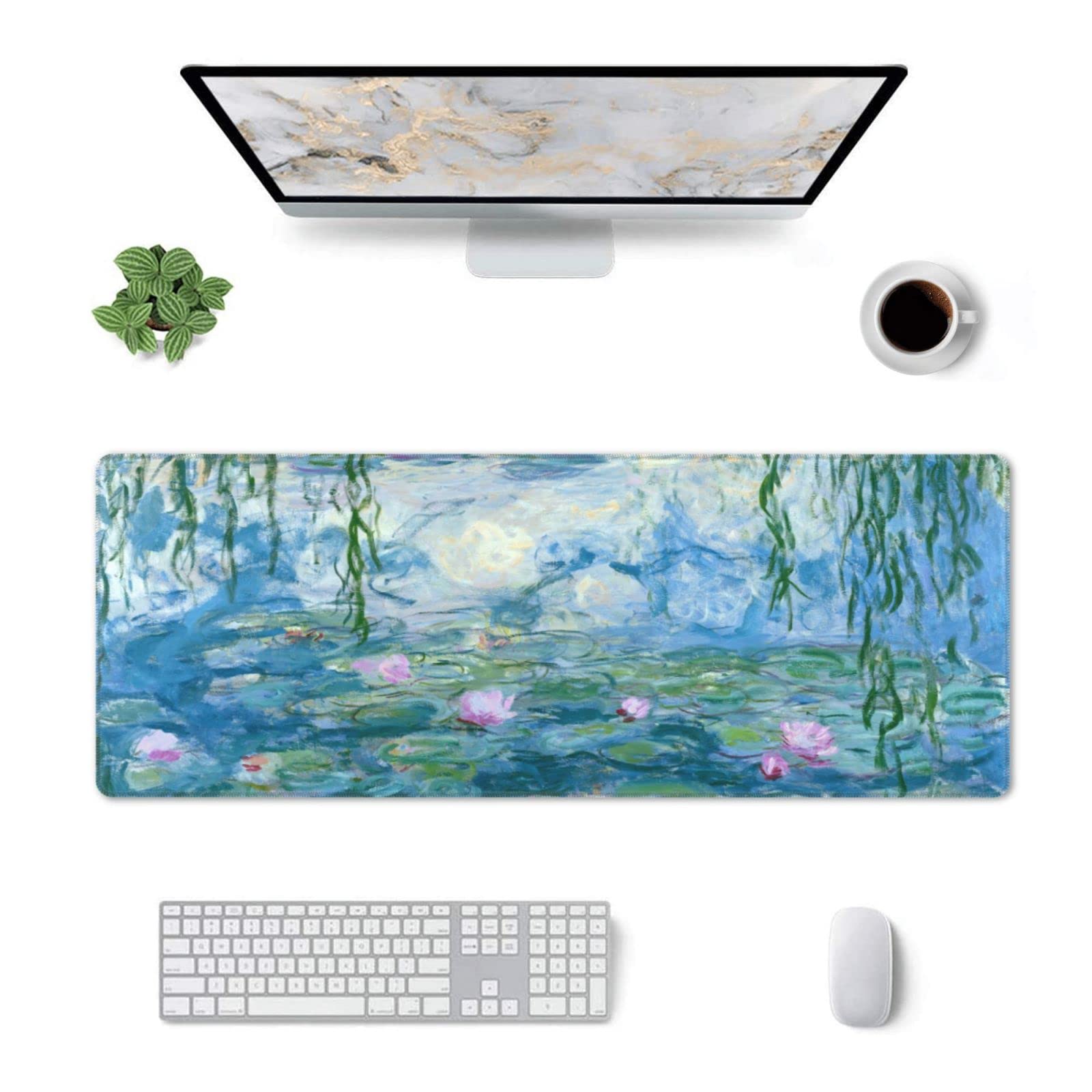 Mouse Pad Stitched Edge XL Large Mousepad 31.5" X 12" Rubber Base Non Slip Desk Mat for Laptop Pc Computer Gaming Monet Water Lilies