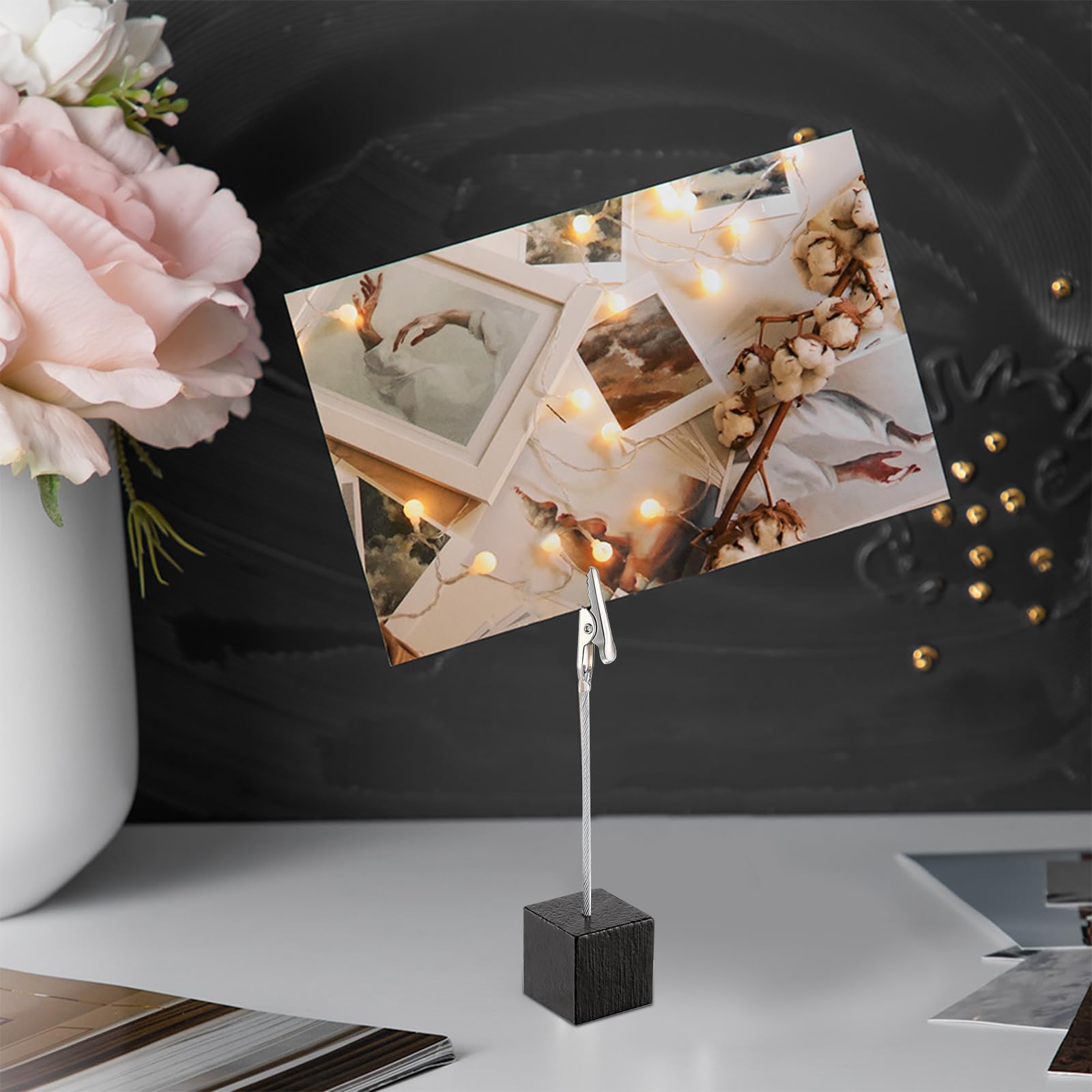 Porta Foto Con Mollette In Legno - 20 Pezzi Con Base Cubo Per Scrivania, Matrimoni, Casa