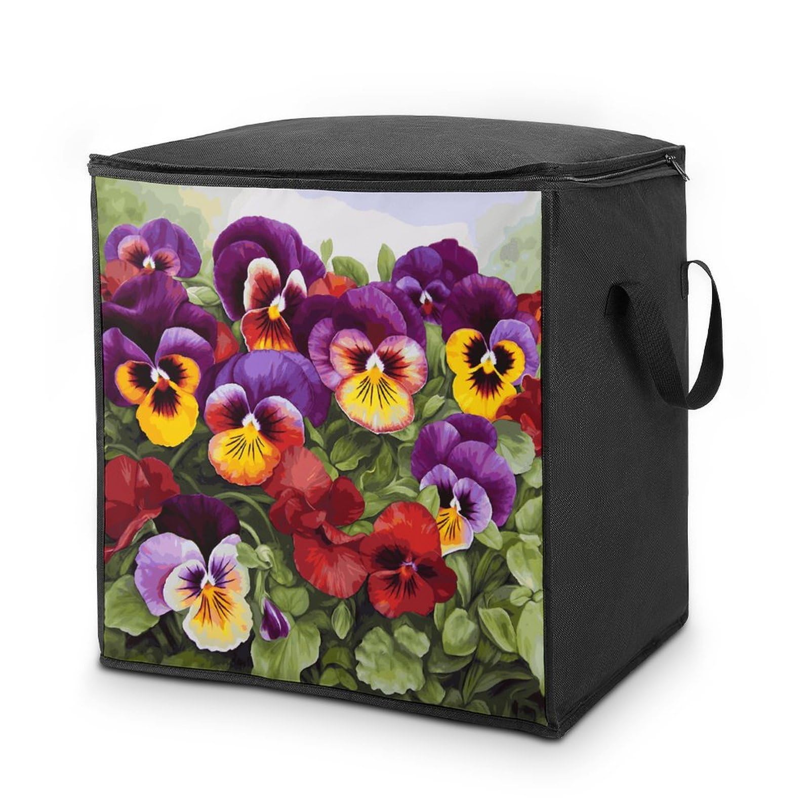 Pansy Perfection Storage Bag with Zippers And Handle Extra Large Bedding Comforter Storage Bag Foldable Blanket Storage Bags Fabric Moving Bags for Closet Organizer (70L)