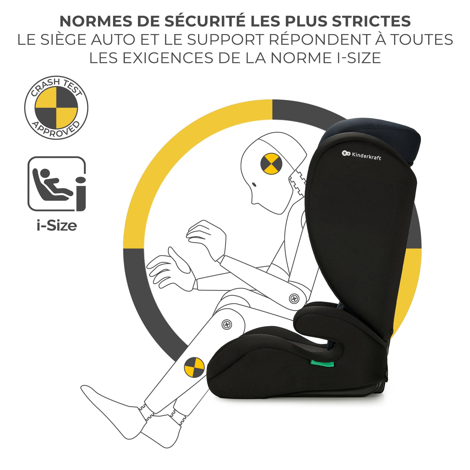 Kinderkraft I-SPARK i-Size Siège auto bébé Groupe 2/3 100-150 cm, de 3,5 à 12 ans, 15 à 36 kg, léger (4,85 kg), ceinture de sécurité à 3 points, Protection latérale, Noir
