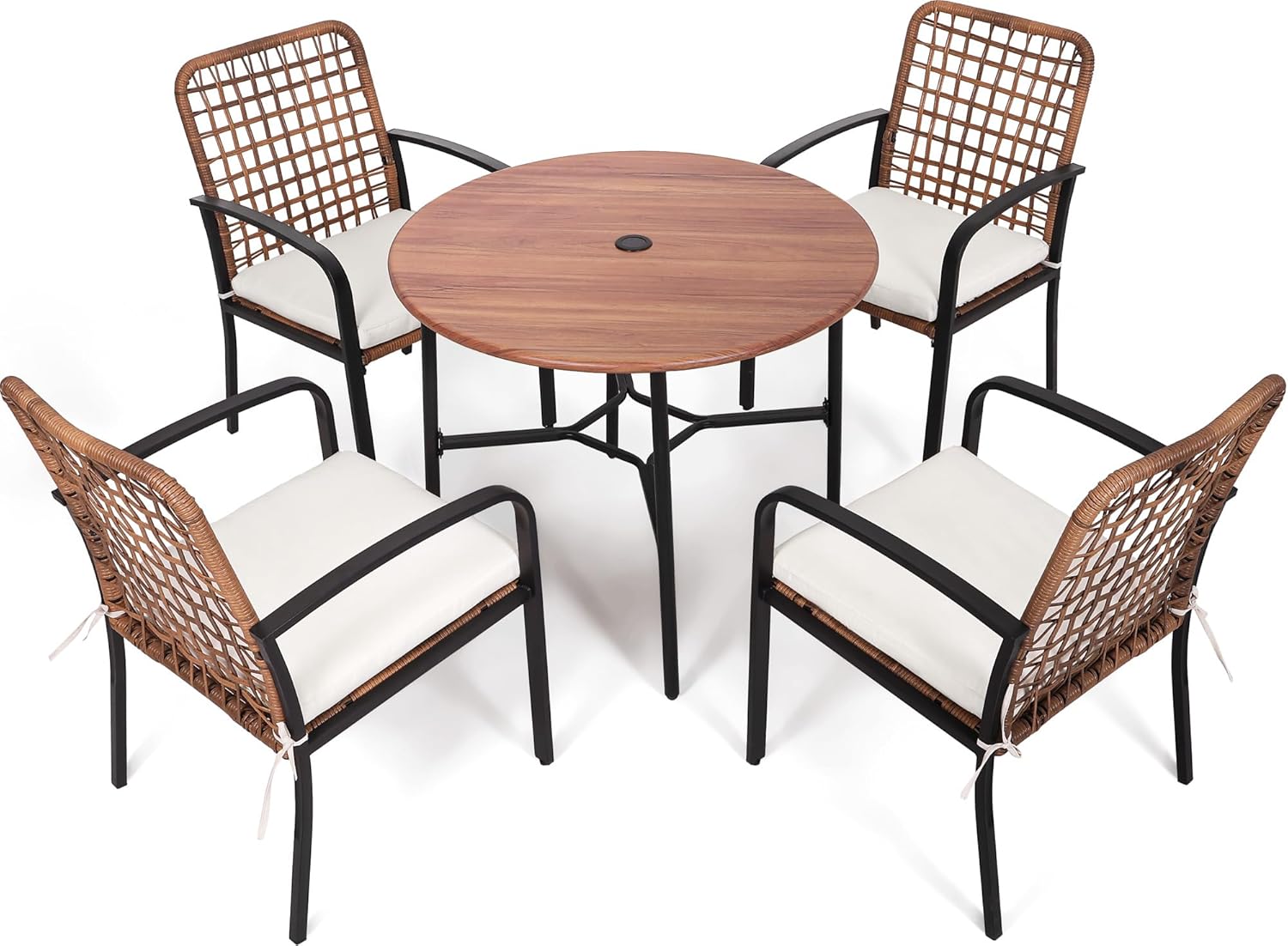 5 Pieces Patio Dining Set, Boho Wicker Outdoor Dining Set with Umbrella Hole, Round Rattan Table and 4 Chairs with Cushions for Garden Backyard