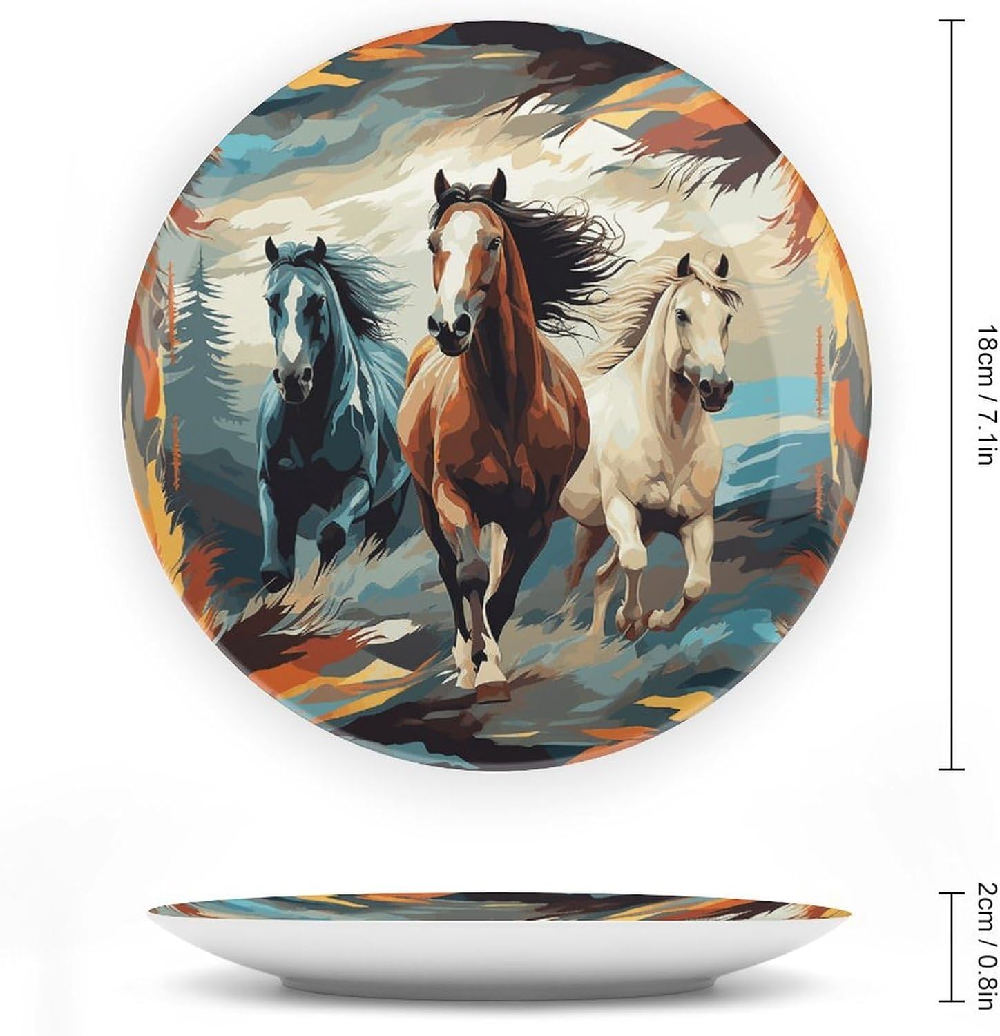 A Pattern with Horses As A Background Ceramic Plate 10inch Decorative Bone China Wall Hanging Ornament Plates Bohemian Style Dinner Plate with Display Stand Cabinet Display Plates for Home Art Decor