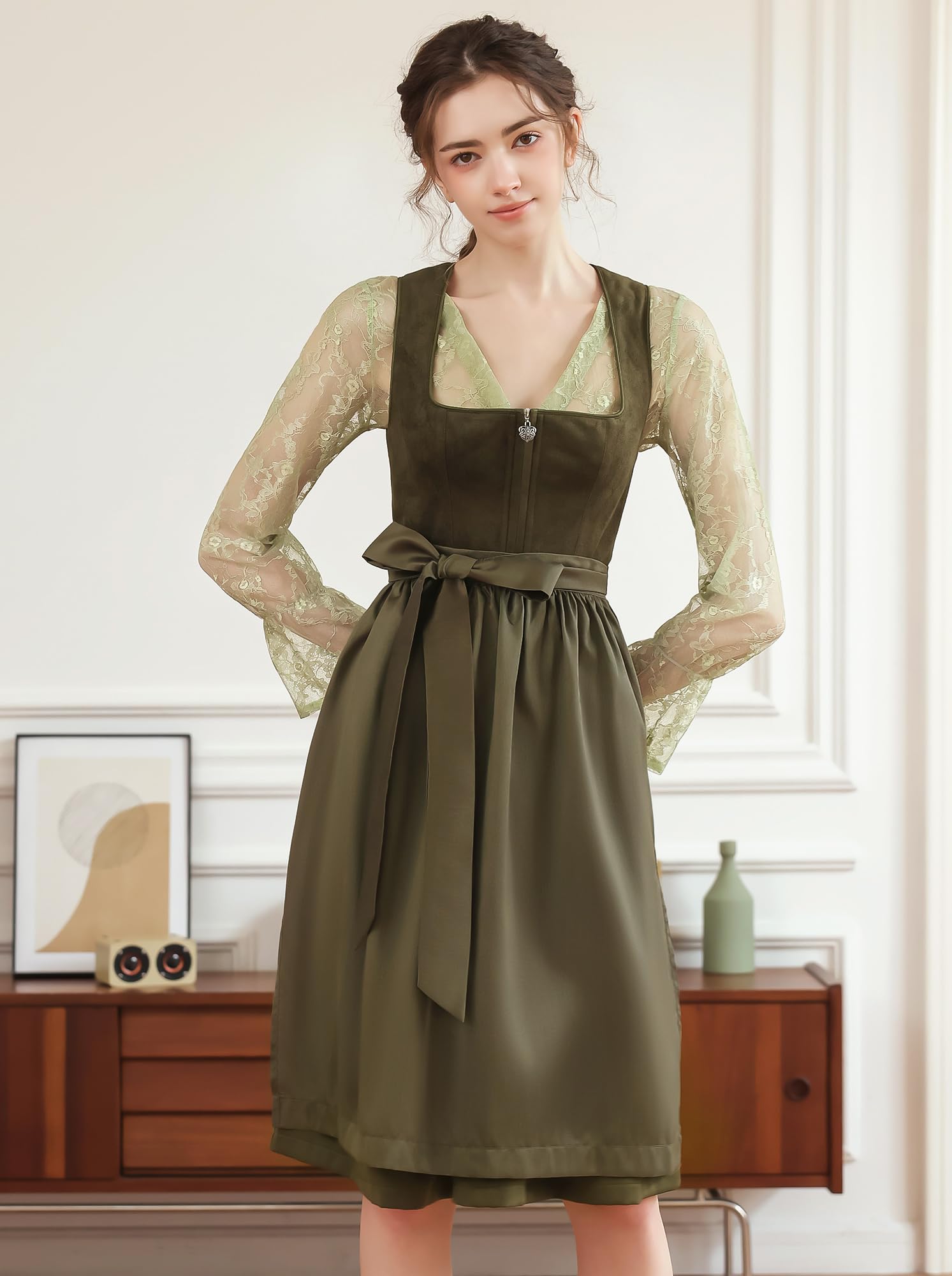 EIISSION Dirndl Damski Oktoberfest Kostium Oktoberfest Kostium Kostium Damski Zielony Tradycyjna Sukienka midi Trachten Sukienka 3 Pieces Sukienka Bluzka Fartuch