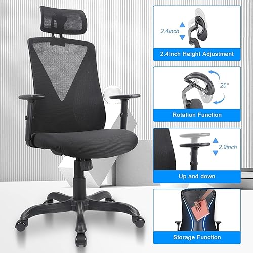 Miniatura 4 de STARY Silla de oficina ergonómica con reposacabezas y reposabrazos ajustables, silla de escritorio giratoria de malla con función de almacenamiento