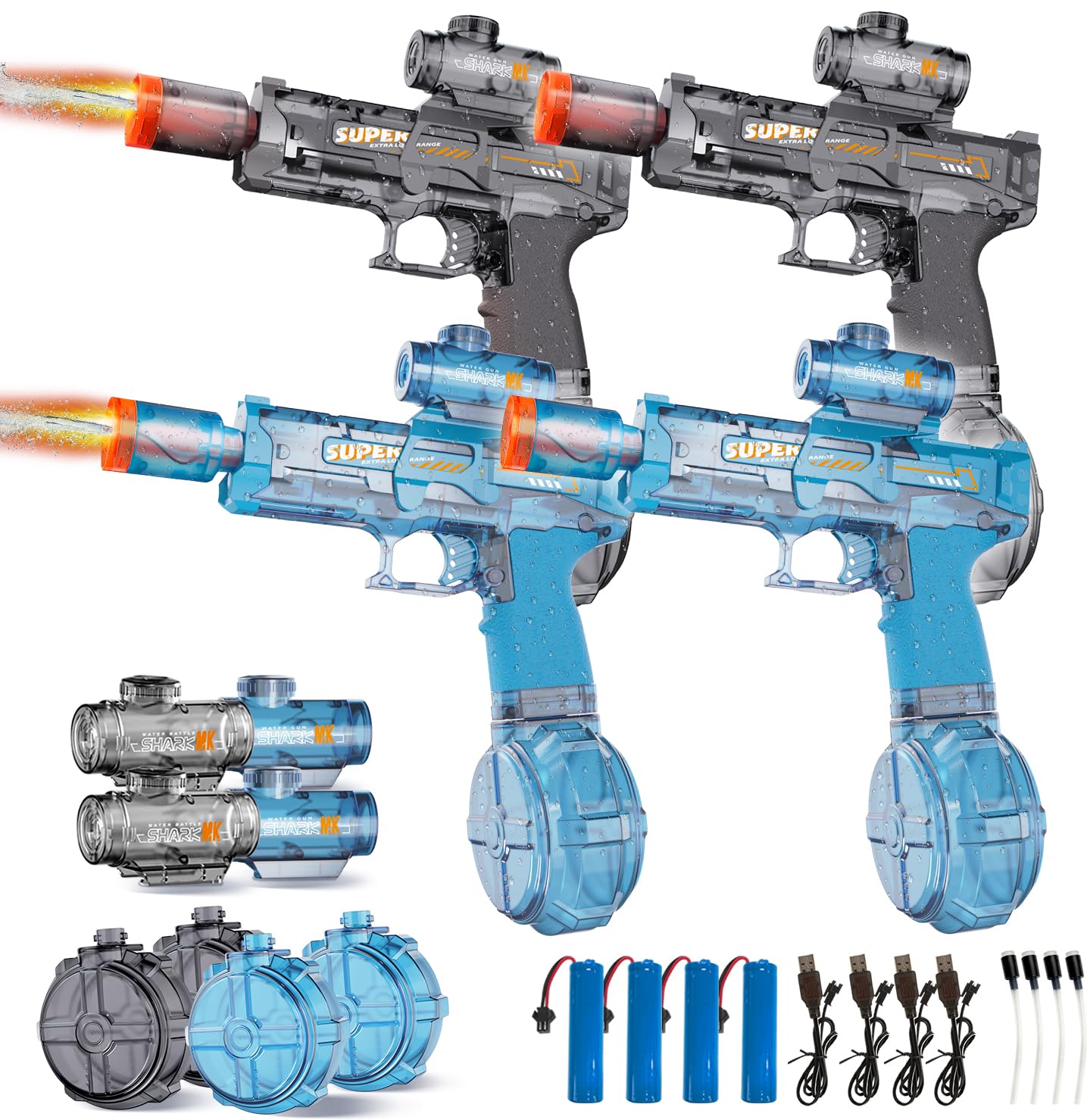 4PCS Electric Water Gun for Kids Adults,Mini Auto Squirt Gun with Flashing Muzzle,26FT Range,Leak-Proof Rechargeable Water Blaster for Summer Pool Beach Water Fights (Black+Blue) - 1