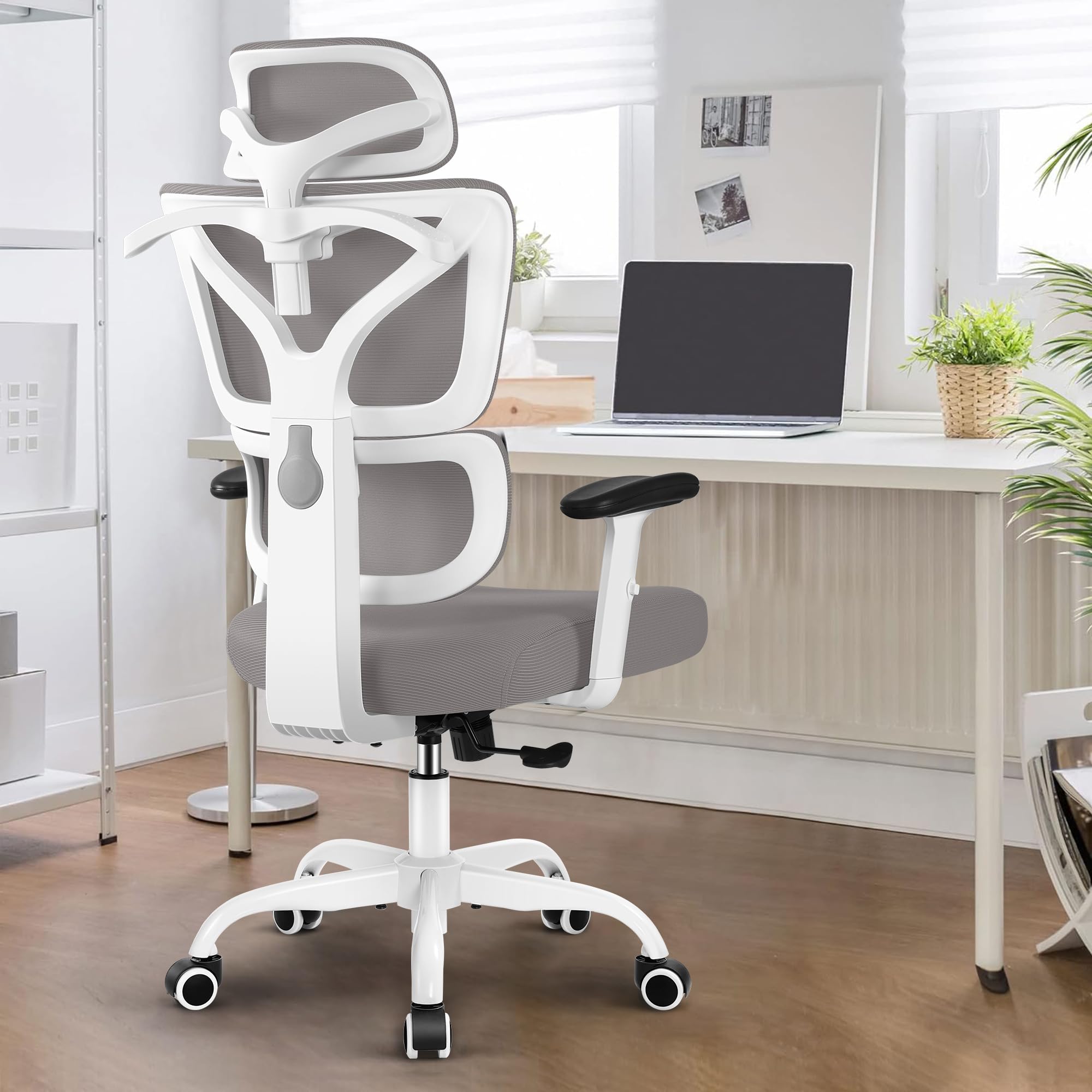 DoChair Sedia Ufficio Ergonomica In Rete Elasticizzata - Poggiatesta Regolabile, Braccioli, Inclinazione 135°, Grigio Scuro Con Gancio - 4