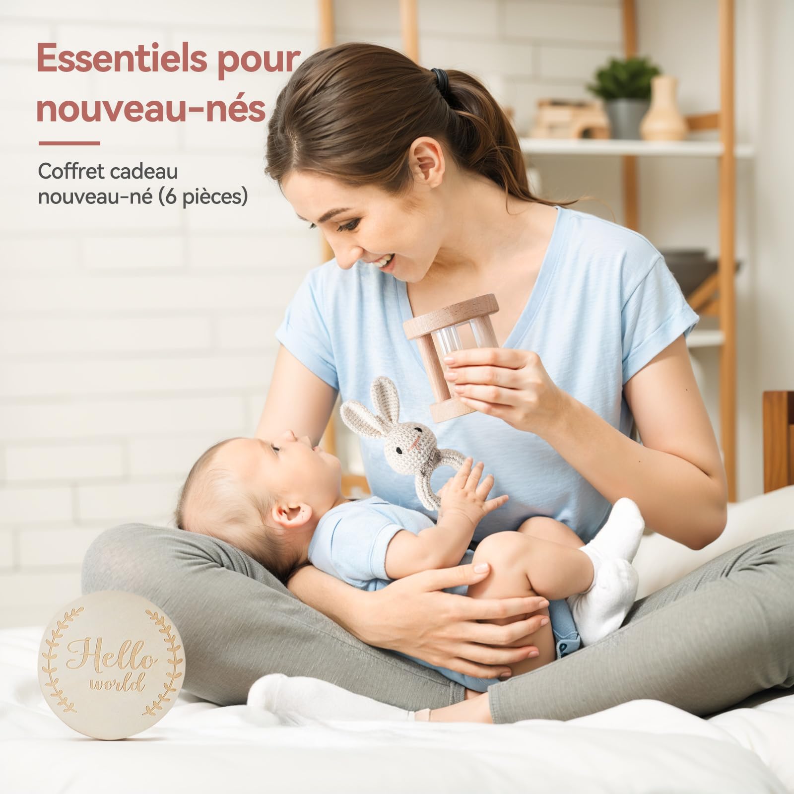 Cadeau pour nouveau-né, 6 pièces, pour bébé fille garçon – Serviettes de bain, bavoirs, jouets en bois, hochet lapin au crochet et cartes de jalons, emballage cadeau (rose)