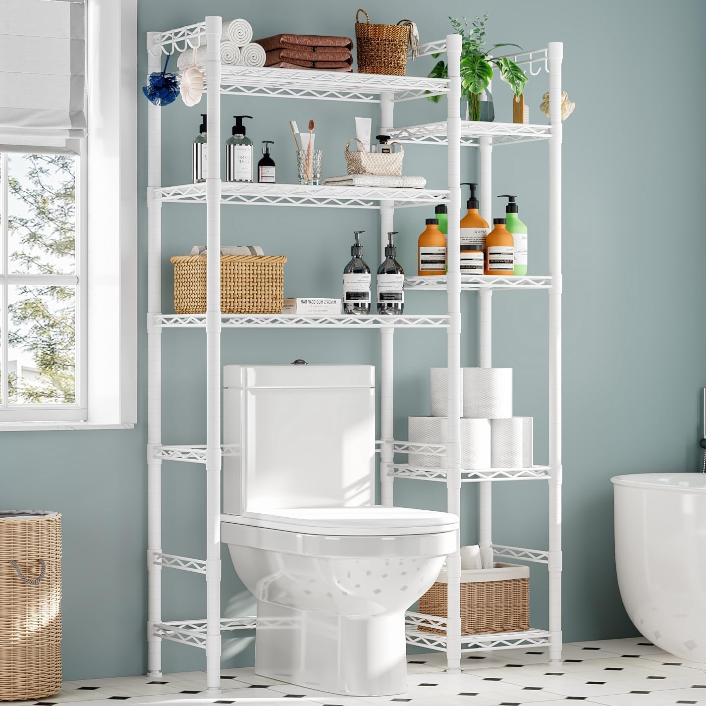 WC-Regal mit verstellbaren Regalen, Badezimmer-Regal über der Toilette, freistehend, über WC-Organizer, Metallregal für Waschküche, Badezimmer, Weiß, 80 cm T x 24 cm B x 160 cm