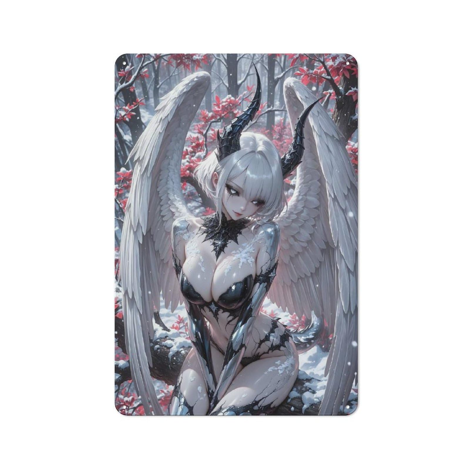 Tin Wall Plaque 30x20cm with Winged Anime Girl with Horns in Winter for Living Room Or Hallway, A Decorative Christmas Gift for Home Wall Decor Collectors