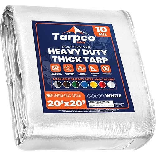 Tarpco Safety Heavy Duty 10 Mil Tarp Cover, Waterproof, UV Resistant, Rip and Tear Proof, Poly Tarpaulin with Reinforced Edges for Camping, Roof, Patio, Pool , Boat. (White 20′ X 20′)