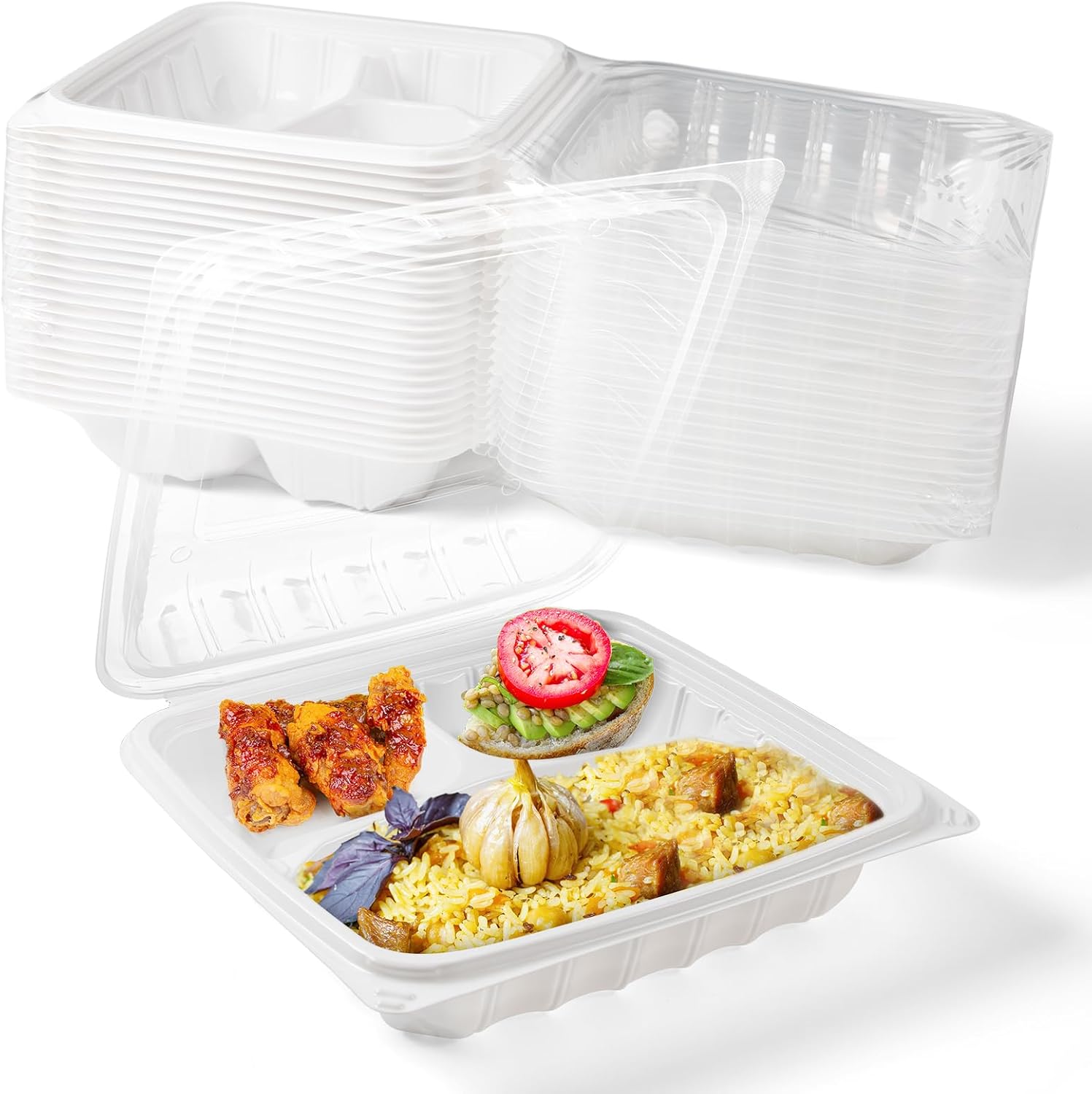YANGRUI 34oz 8" 25-pack 3-Compartment Food Containers