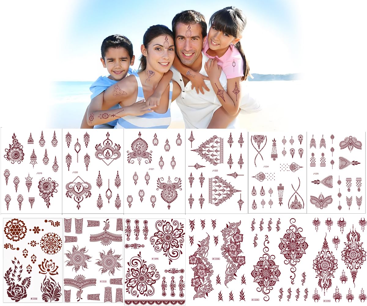 12 Sheets Henna Tattoos Temporary Stickers, 6Pcs Adult + 6Pcs Kids Stickers Brown Tattoo Templates Women Body Art Stickers for Wedding Party
