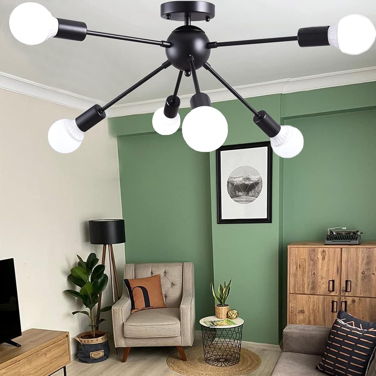 Living Room Light Fixtures Ceiling Sputnik Chandelier, Modern Farmhouse Rustic Flush Mount Pendant Lamp Lighting Black 6 Lights, for Bedroom Dining Room Office Kitchen Entry Hallway Porch Foyer