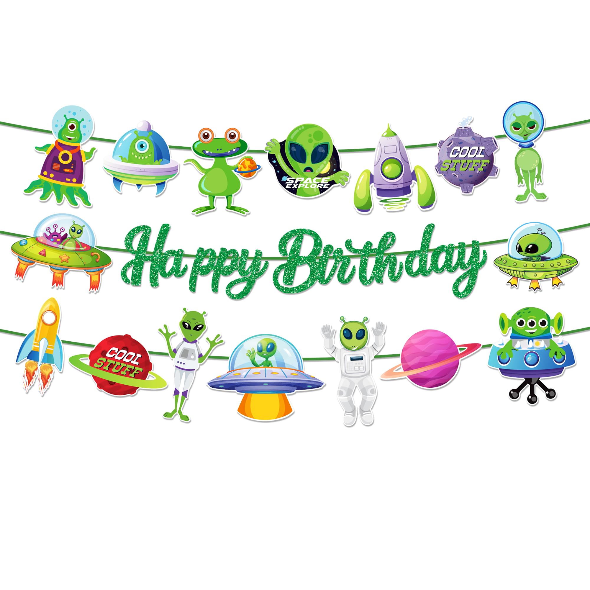 CC HOME 3Pcs Cartoon Alien Happy Birthday Banner Space UFO Rocket Party Hanging Banner Alien Theme Birthday Bridal Wedding Baby Shower Boys Girls Kids Home Classroom Party Supplies Decorations