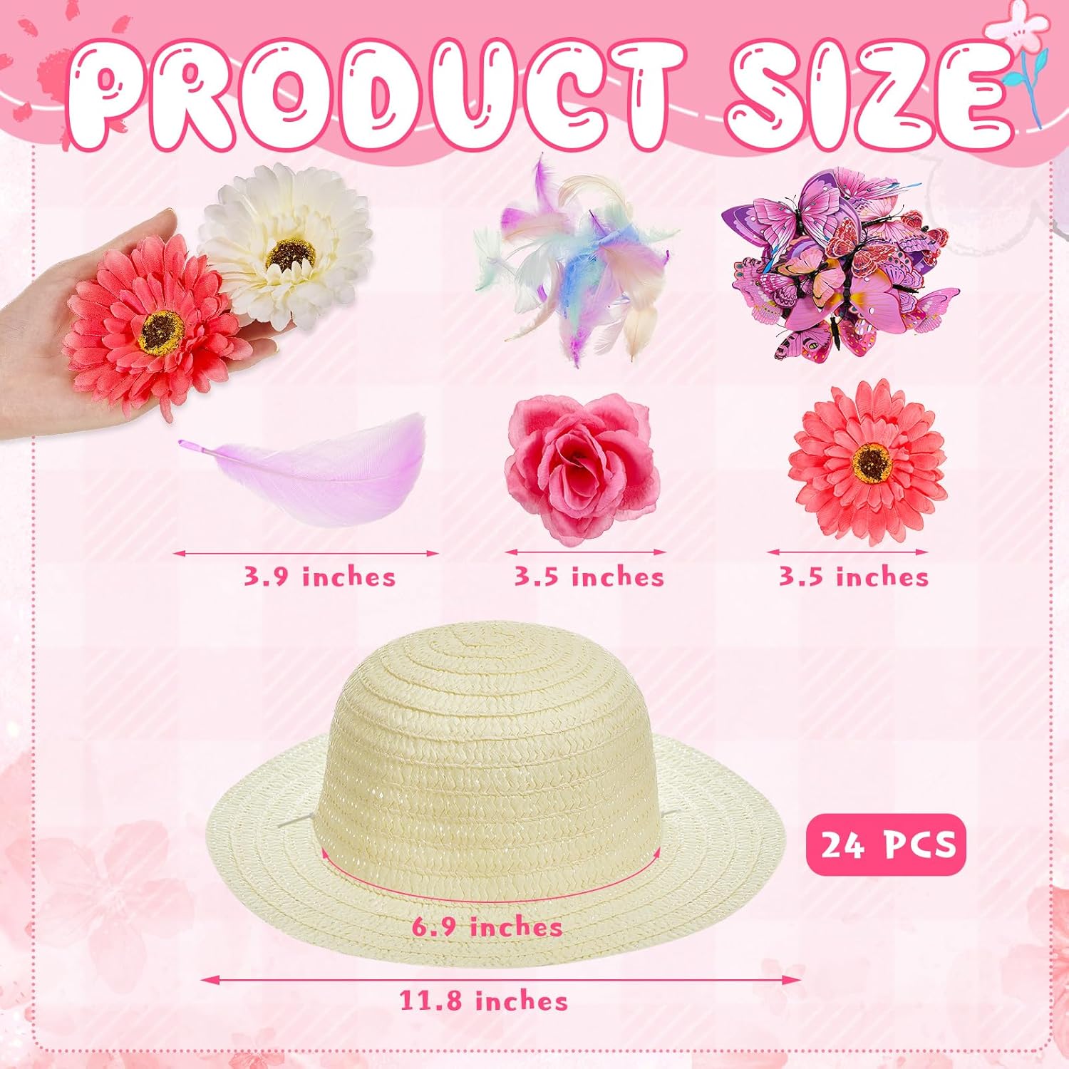 Hotop 197 Pcs DIY Girls Straw Hats Set Tea Party Hats for Kids Include 24 Pcs Straw Hats 48 Pcs Artificial Flower 24 Pcs Faux Butterfly 100 Pcs Fake Feather Straw Hats for Craft Dress up Hats - Image 2
