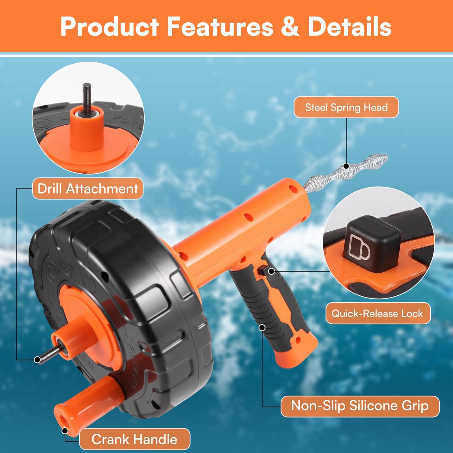 Drain Snake Hair Drain Clog Remover with Drill Adapter, 33ft Flexible Steel Spring Head Drain Augers, Manual or Powered, Sink Drain Snake Clog Remover for Bathroom Kitchen Tub Shower Drain Snake