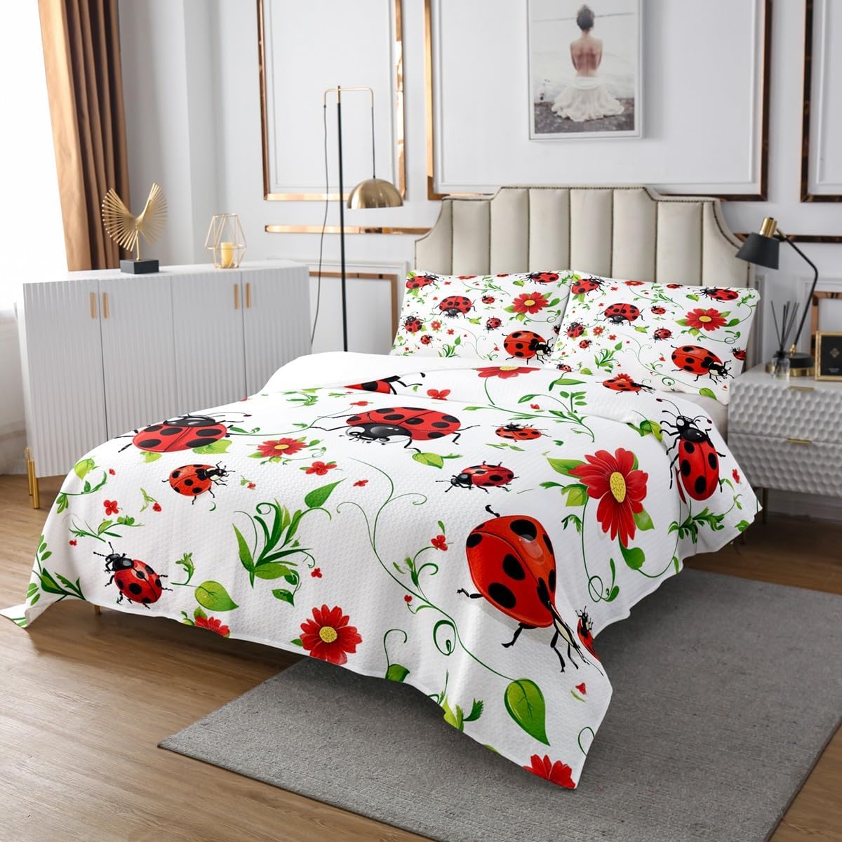 Homewish Ladybug Bedspread King Size,Green Leaves Red Flower Quilt for Kids Boys Girls Room Decor,Ladybird White Microfiber Bedding Set 3Pcs,Nature Animal Botanical Coverlet Set,2 Pillowcases