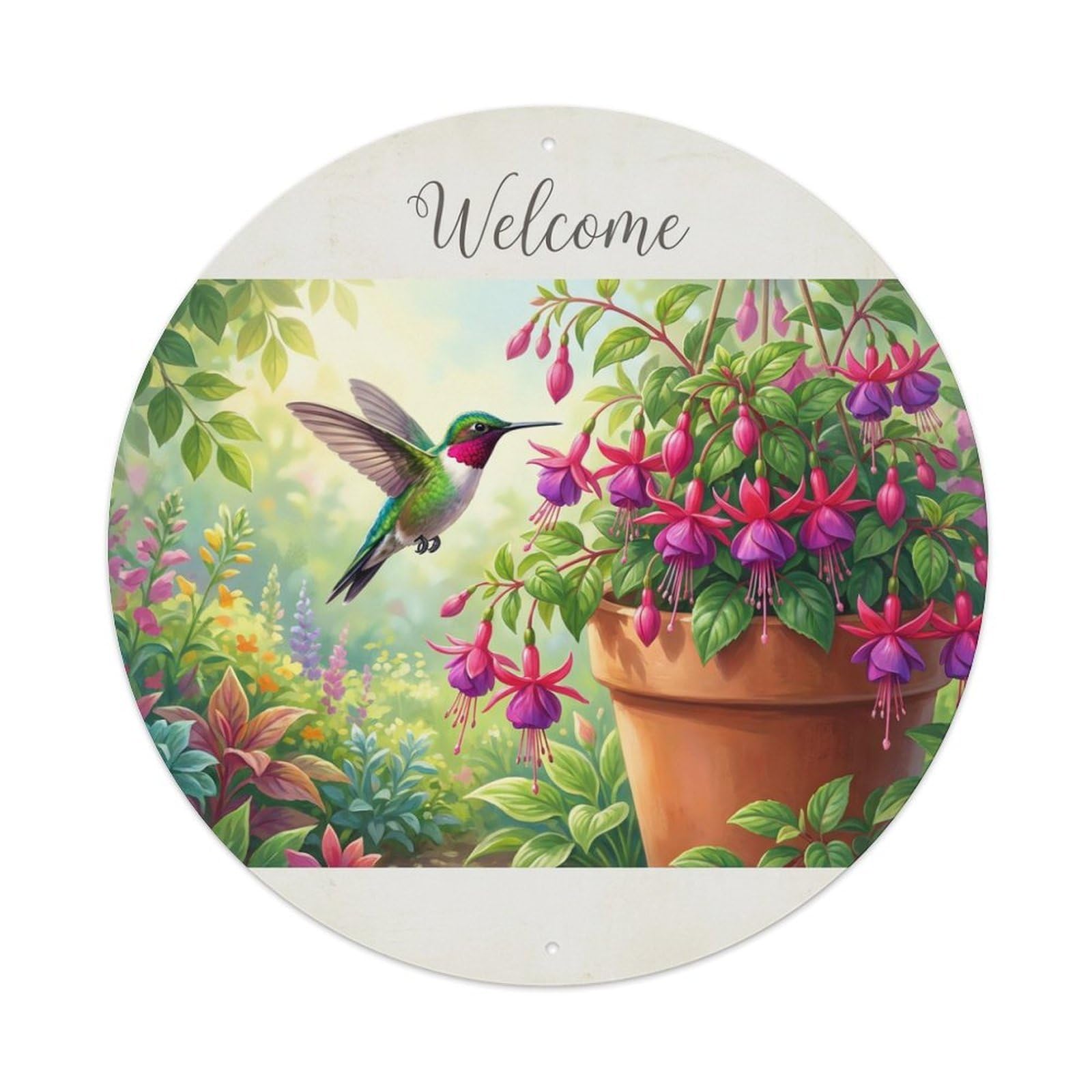 Welcome Hummingbird Fuchsia Metal Tin Sign