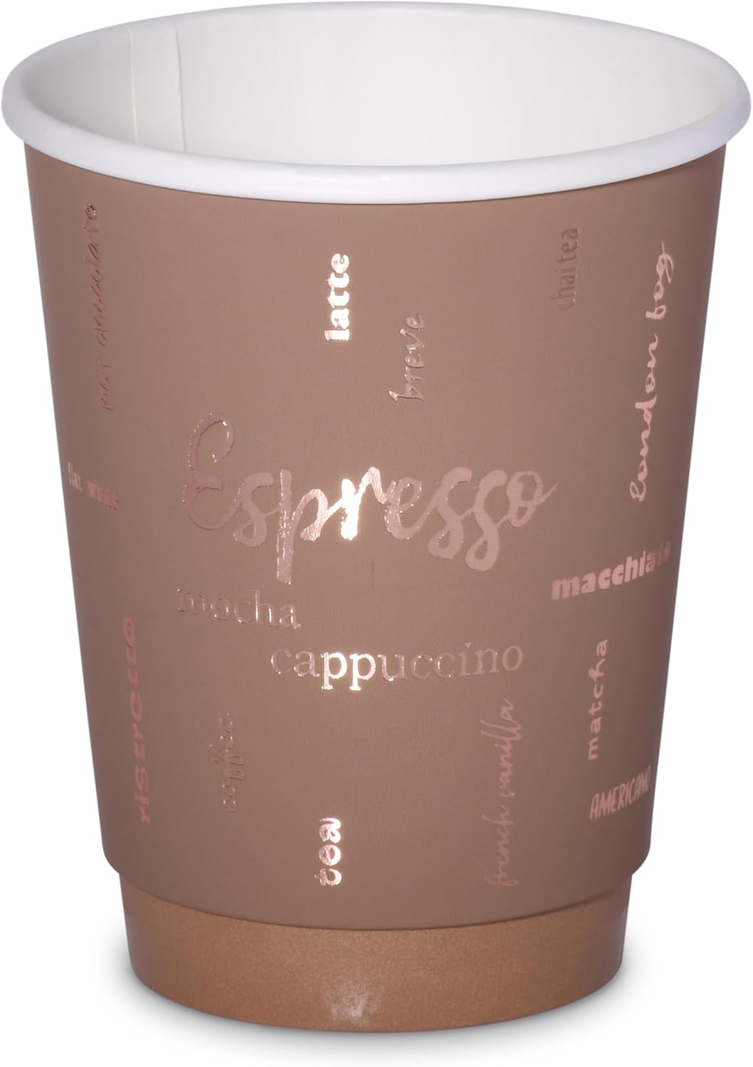 12oz Premium Disposable Coffee Cups, Double-Wall Insulated Paper Cups with Flip-Top Lids, No Sleeves Needed, To-Go Cups for Coffee, Tea, Hot Chocolate, Events, Rose Gold Print (Brown, 60ct)