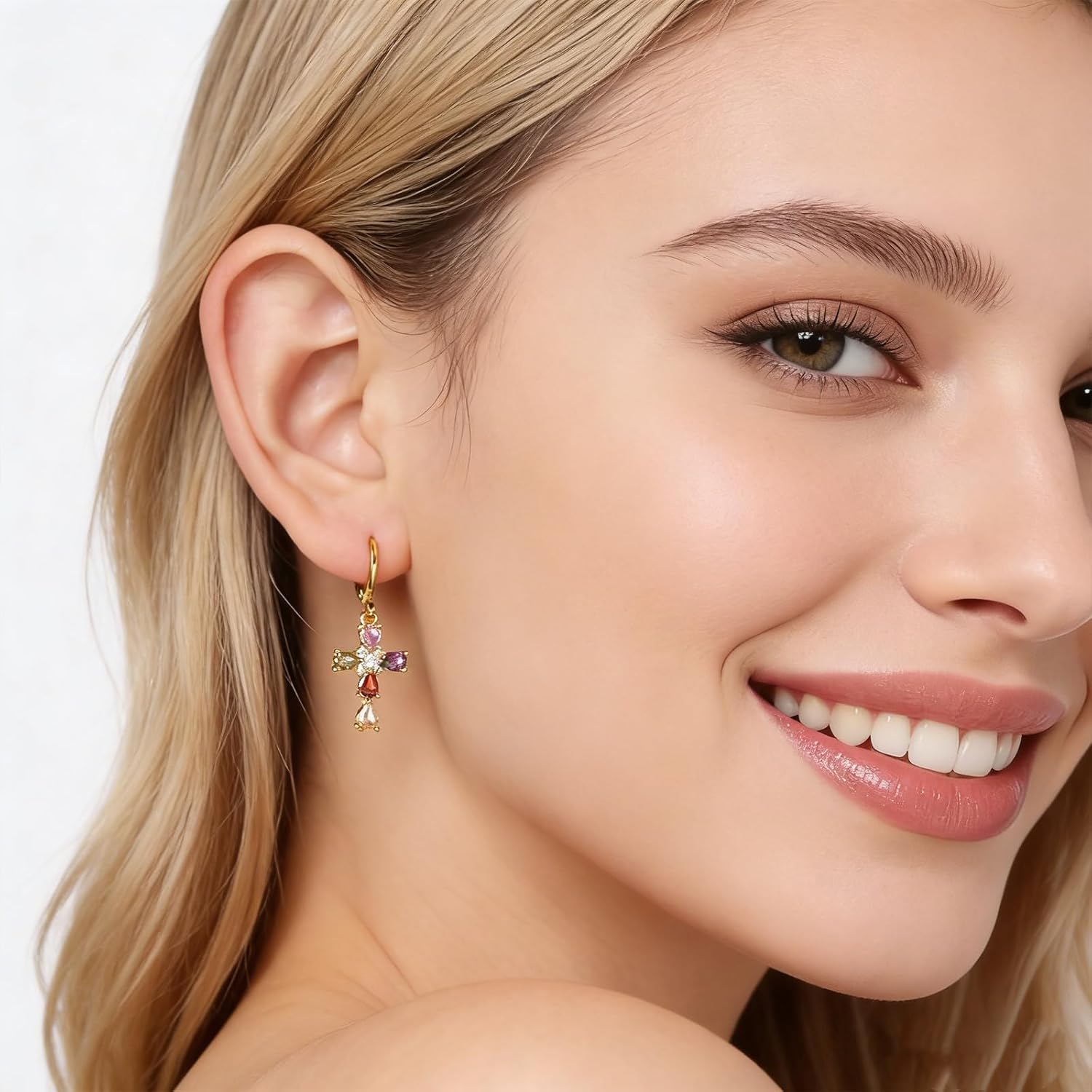 HZMAN Cross Earring for Women 14K Gold Plated Hypoallergenic Dangle Hoop Earrings Dainty Crystal Cubic Zirconia Earrings - Image 3