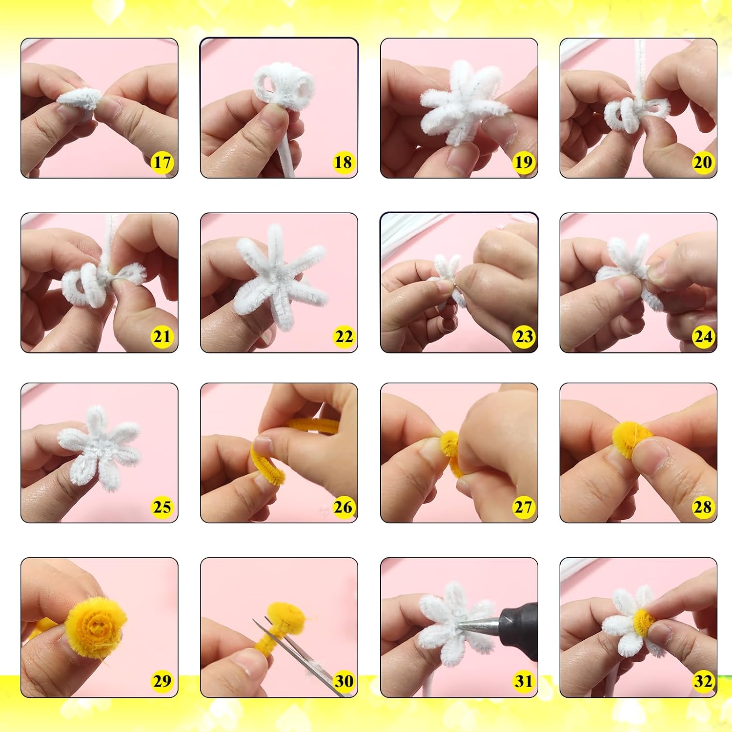 TOAOB 200pcs Pipe Cleaners Craft Supplies DIY Daisy Bouquets Making Kit Chenille Stems Artificial Flowers Craft Kit for DIY Art and Crafts Home Decorations Yellow White Green Dark Green