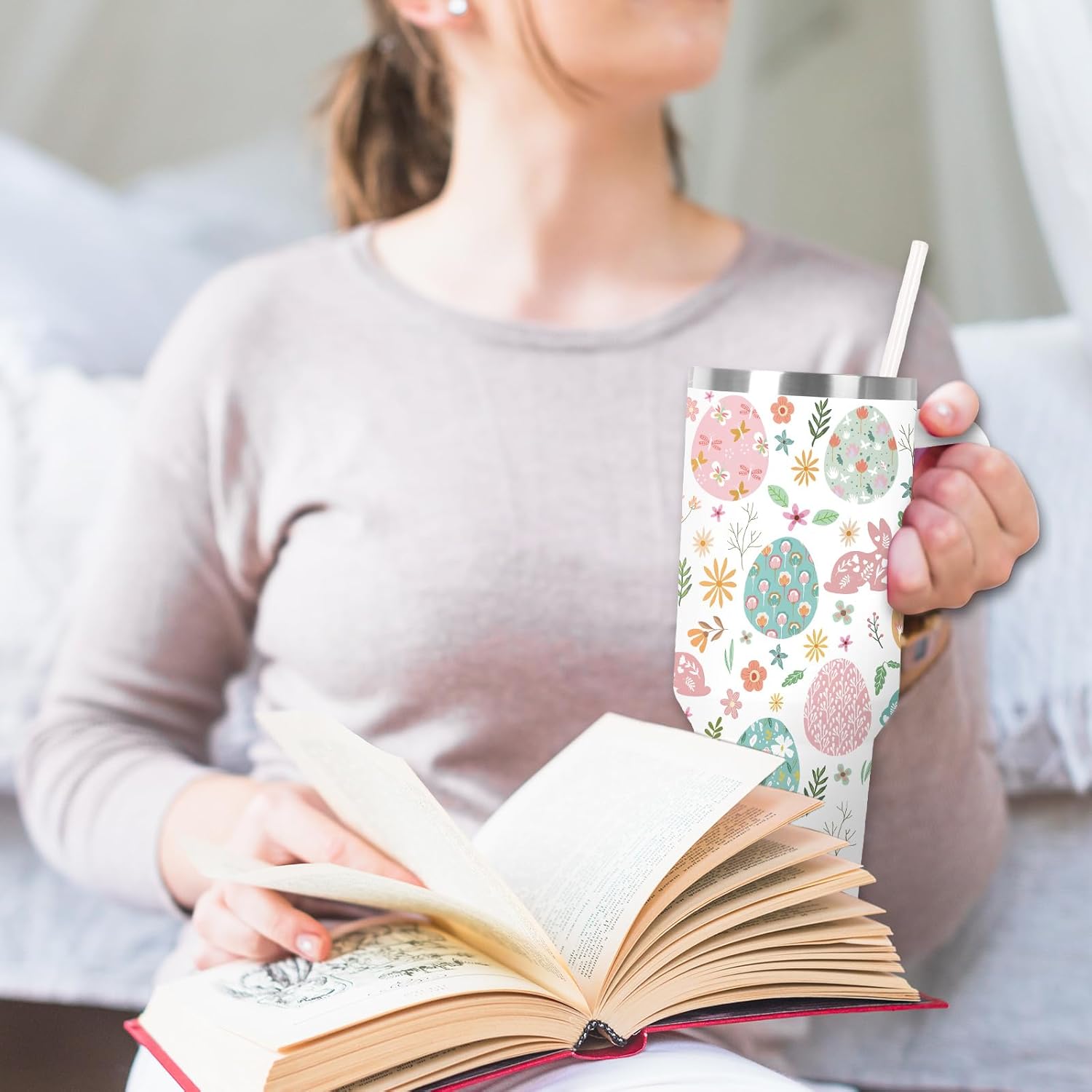 Easter Tumbler with Handle 40oz Easter Egg Bunny Flowers Tumbler with Lid and Straw Colorful Holiday Stainless Steel Cup for Easter Spring Home Office Travel - Image 5