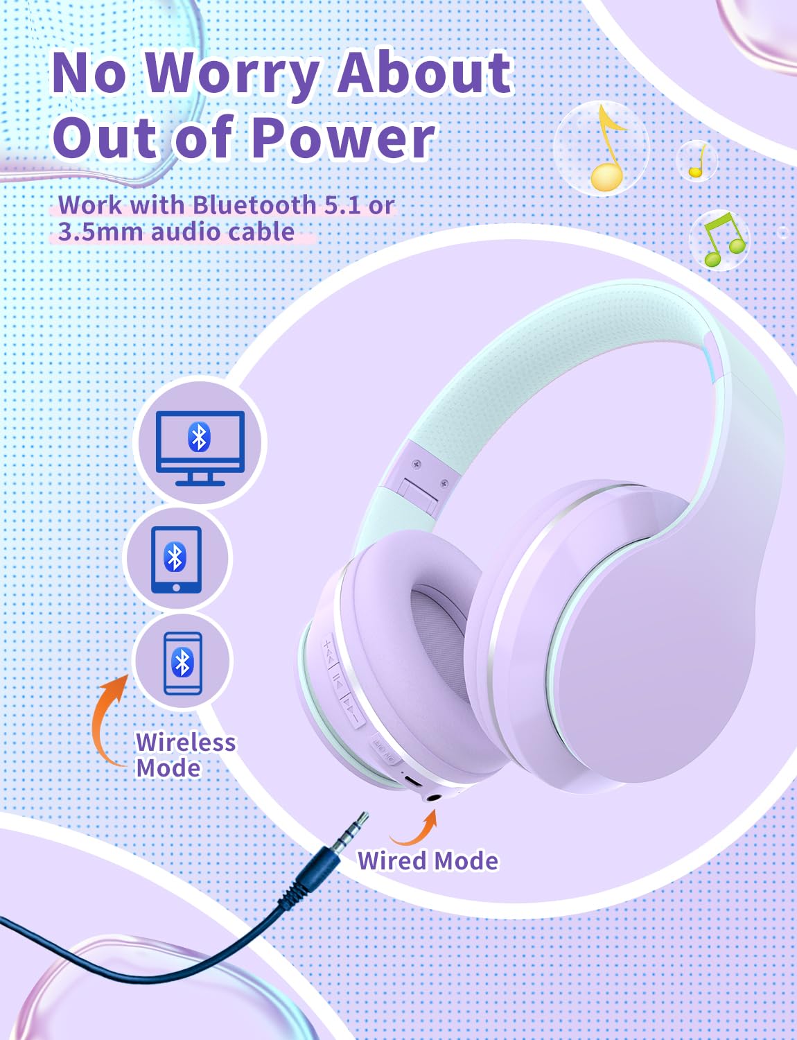 Xunpuls Cuffie Bluetooth per bambini, wireless, over-ear con microfono, suono stereo, 10 ore di autonomia, pieghevoli e regolabili, cuffie Bluetooth 5.1, per adulti, scuola, viaggi (viola)