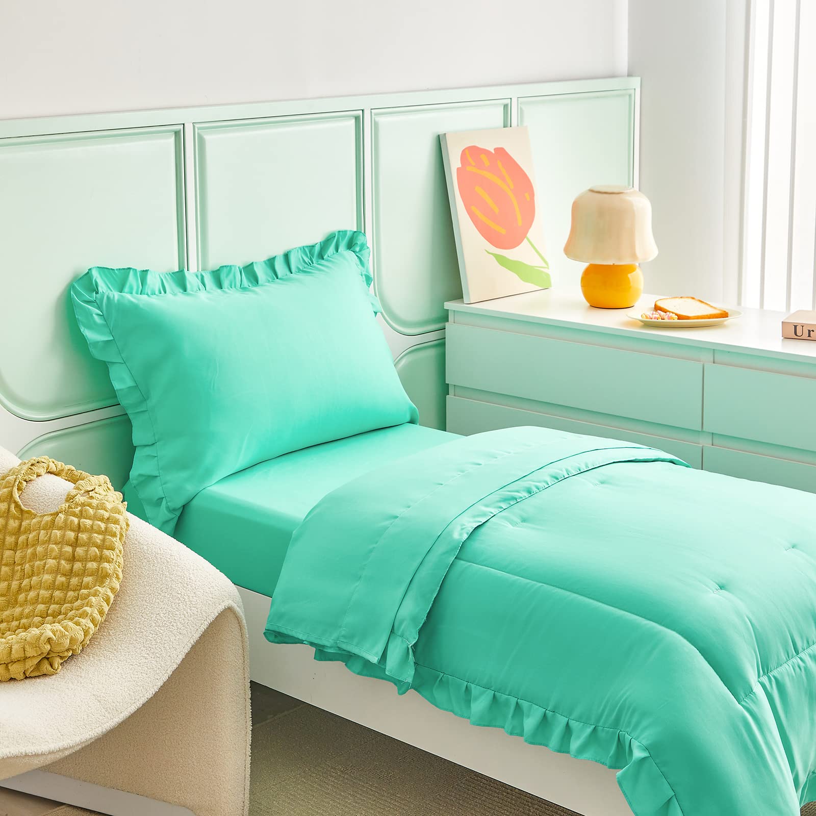 Juego de ropa de cama de 4 piezas para niños pequeños, color verde azulado, con flecos de volantes, color liso, 1 edredón para niños pequeños, 1 sábana bajera, 1 sábana encimera y 1 funda de almohada