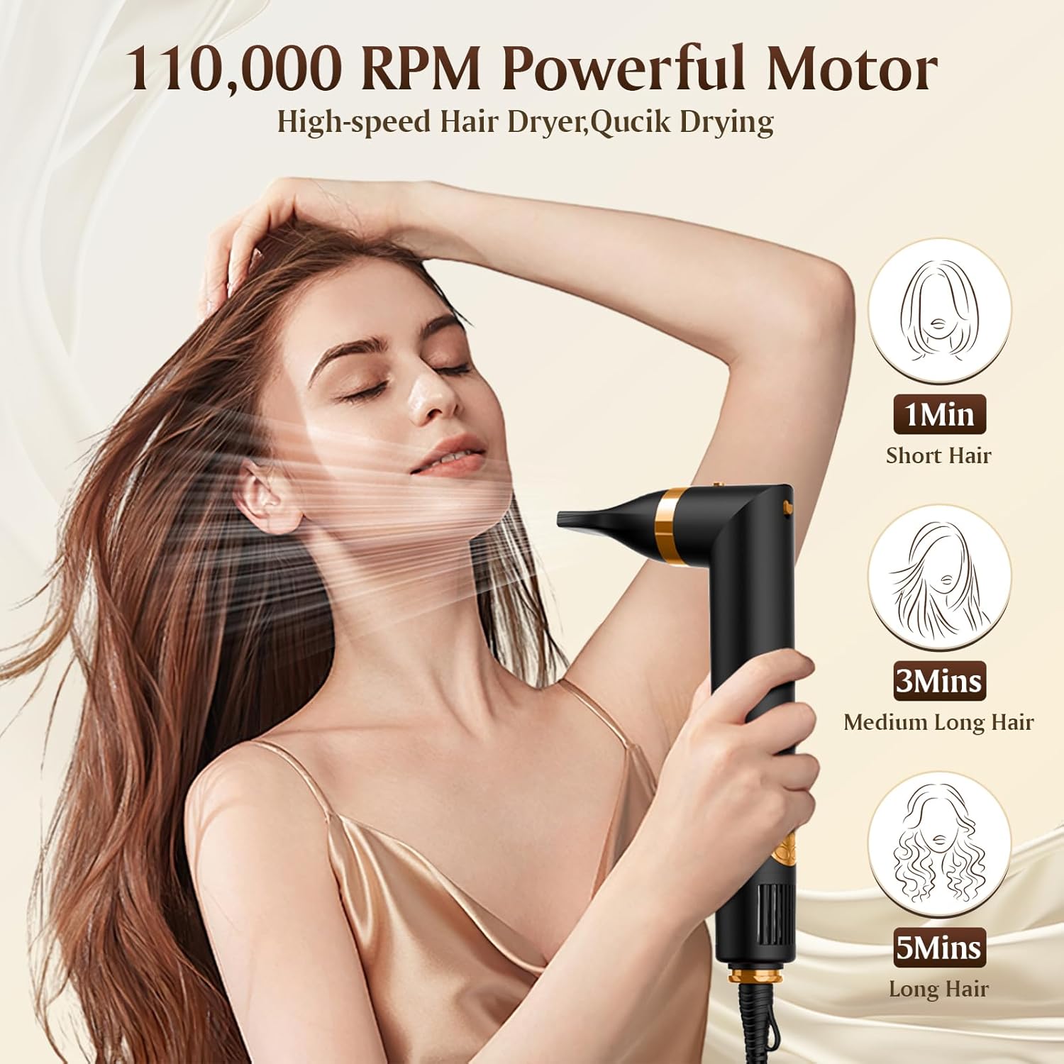 Woman using the SUPGALIY Air Styler in hair dryer mode with the styling nozzle.