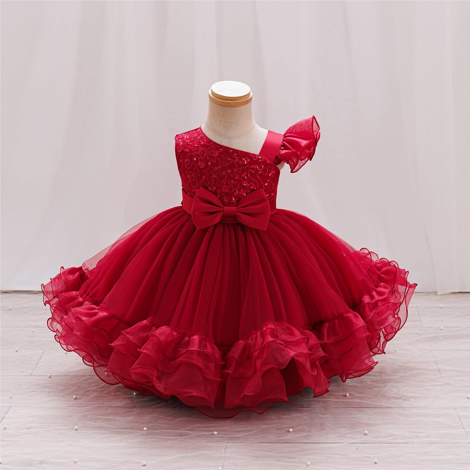 OBEEII Flower Girl Dress Toddler Wedding Party Ruffle Tutu Tulle Dress Asymmetric Shoulder Sequin Birthday Pageant Dresses