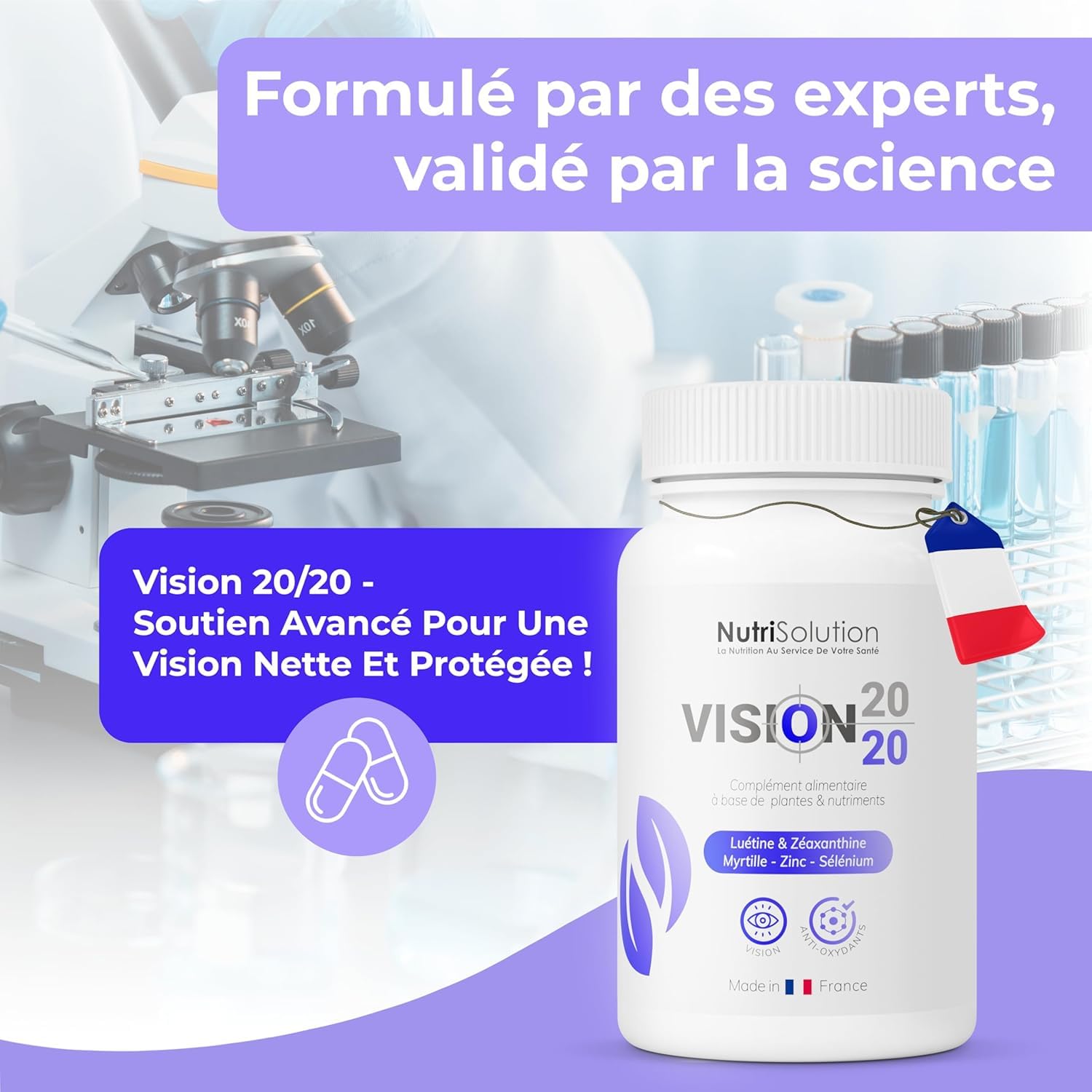 Vision 20/20 : Complément Naturel pour la Santé des Yeux à Base de Myrtille, Lutéine et Zéaxanthine - Favorise une Vision Claire - 30 gélules véganes - Fabriqué en France par NutriSolution (1)