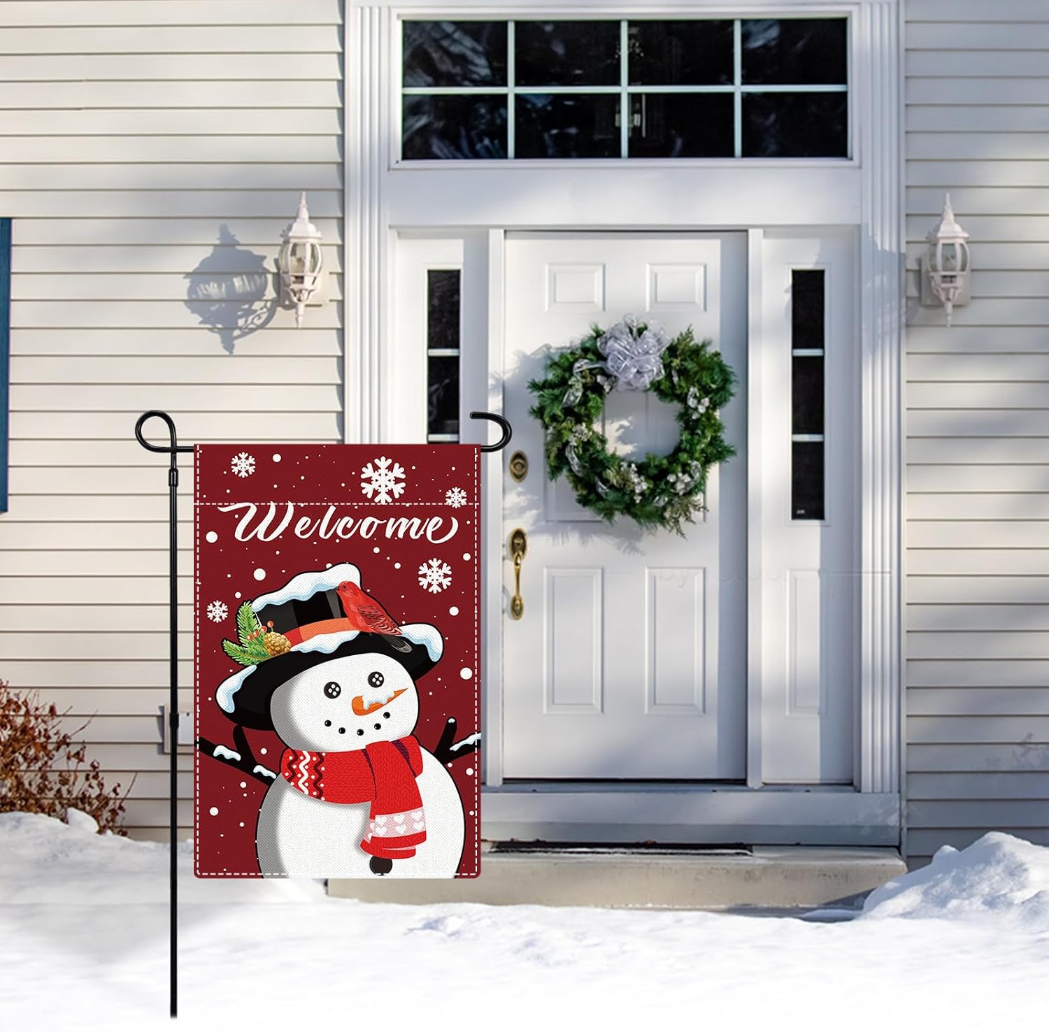 Welcome Christmas Garden Flags for Outdoor Decorations, Double Sided Snowman with Snowflakes Print Red Burlap Yard Flags for Seasonal Holiday Winter Xmas Rustic Farmhouse Outdoor Decor11.8×18.1 Inch - Image 5
