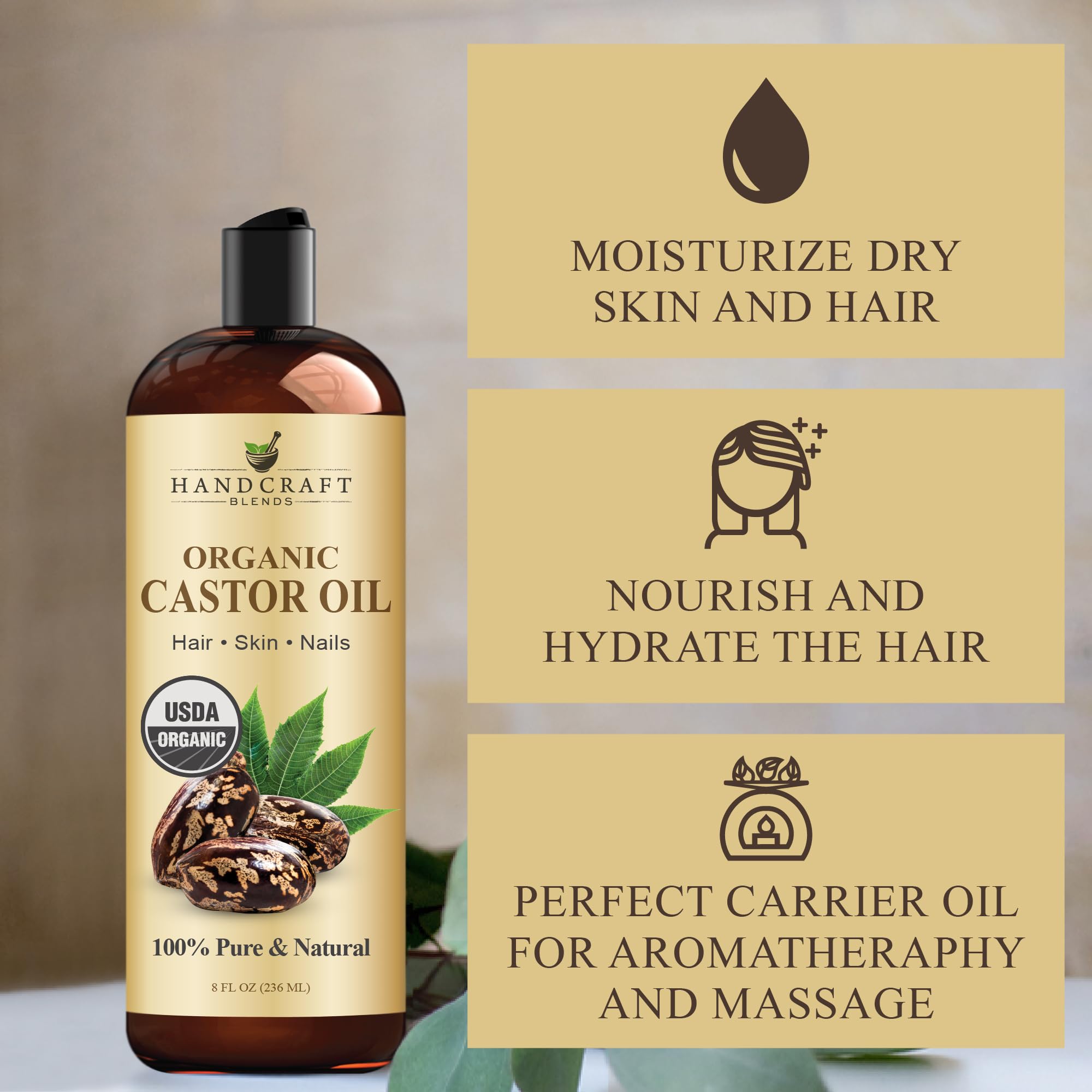 Handcraft Blends Bio Rizinusöl - 236ml - 100% Rein und Natürlich - Premium Grade Trägeröl für Haarwachstum, Wimpern und Augenbrauen - Haar und Körper - Expeller-gepresst & hexanfrei