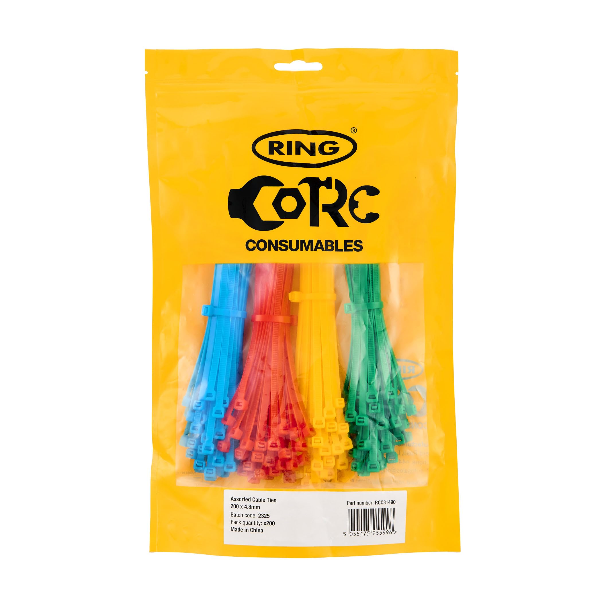 RING Assorted Coloured Cable Ties, 200 x 4.8 mm (200 Pcs) General Purpose 4 x Colours: (50x) Blue Green Red Yellow, Supplied in a Re-Sealable Pack