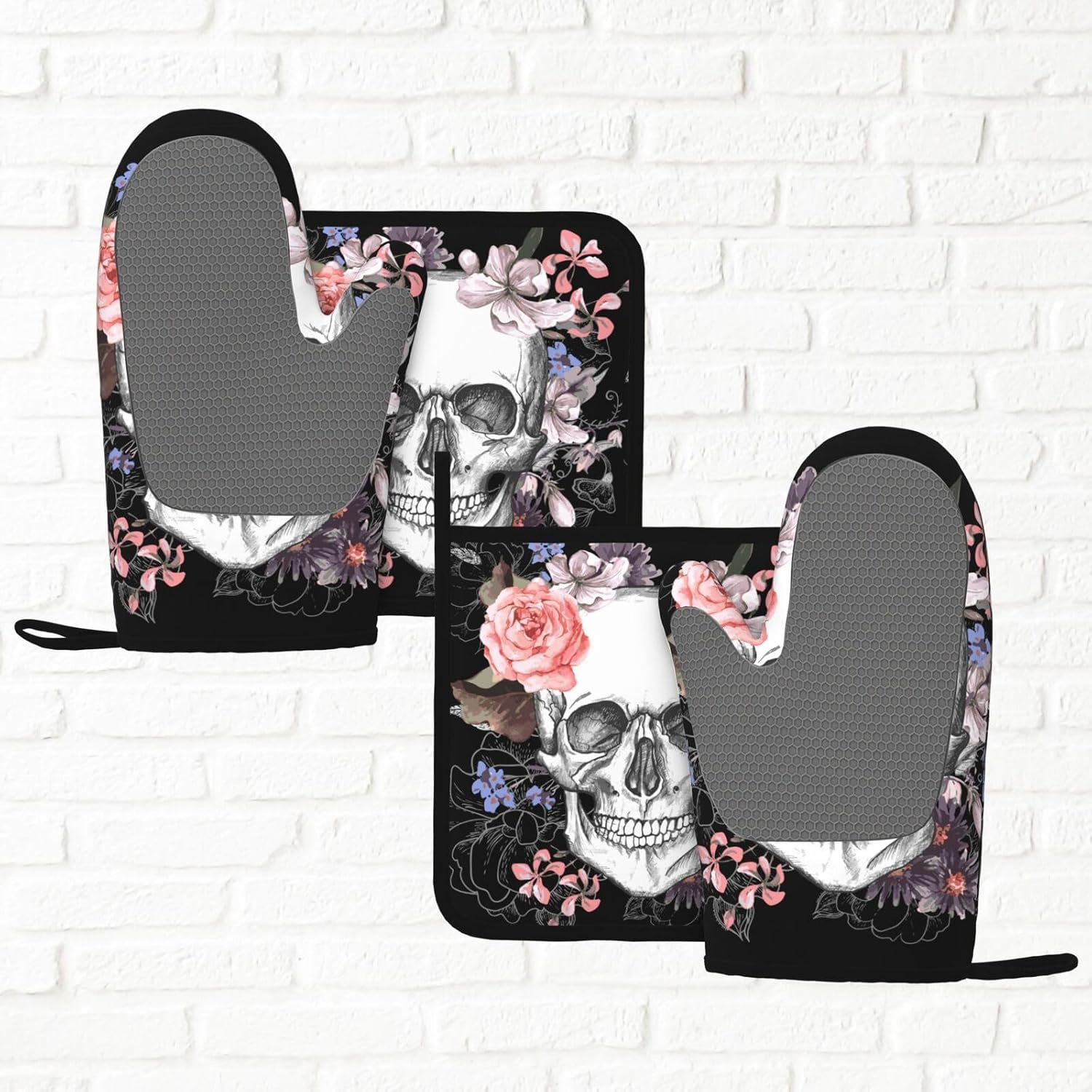 Cool Skull Flower Oven Mitts And Pot Holders Set Of 4 Silicone Heat Resistant Oven Mitten Potholders Non Slip Gloves Kitchen Decor For Bbq Cooking Grilling Baking