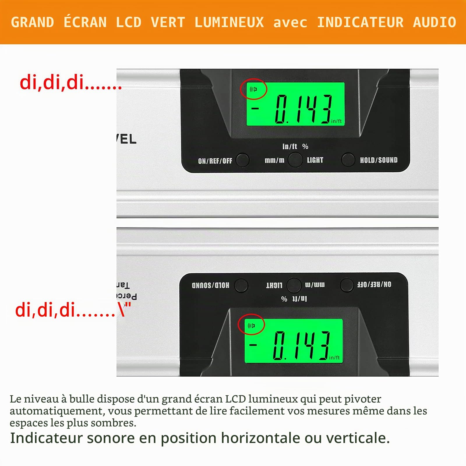 Neoteck 400mm/16inch Niveau à Bulle Numérique avec Indicateur Audio Numérique Spirit Level-Finder Angle en Alliage d'Aluminium avec Base Magnétique Outils de Mesure Angle Jauge Grand Écran LED Clair