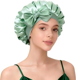 Hair Bonnet for Women - Mint Green Charmeuse with Bow, One Size Fits All Charmeuse Bonnet for Curly Natural Long Hair